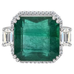 14.08 Ct Natural Emerald & Diamond Halo Three-Stone Ring 18K White Gold