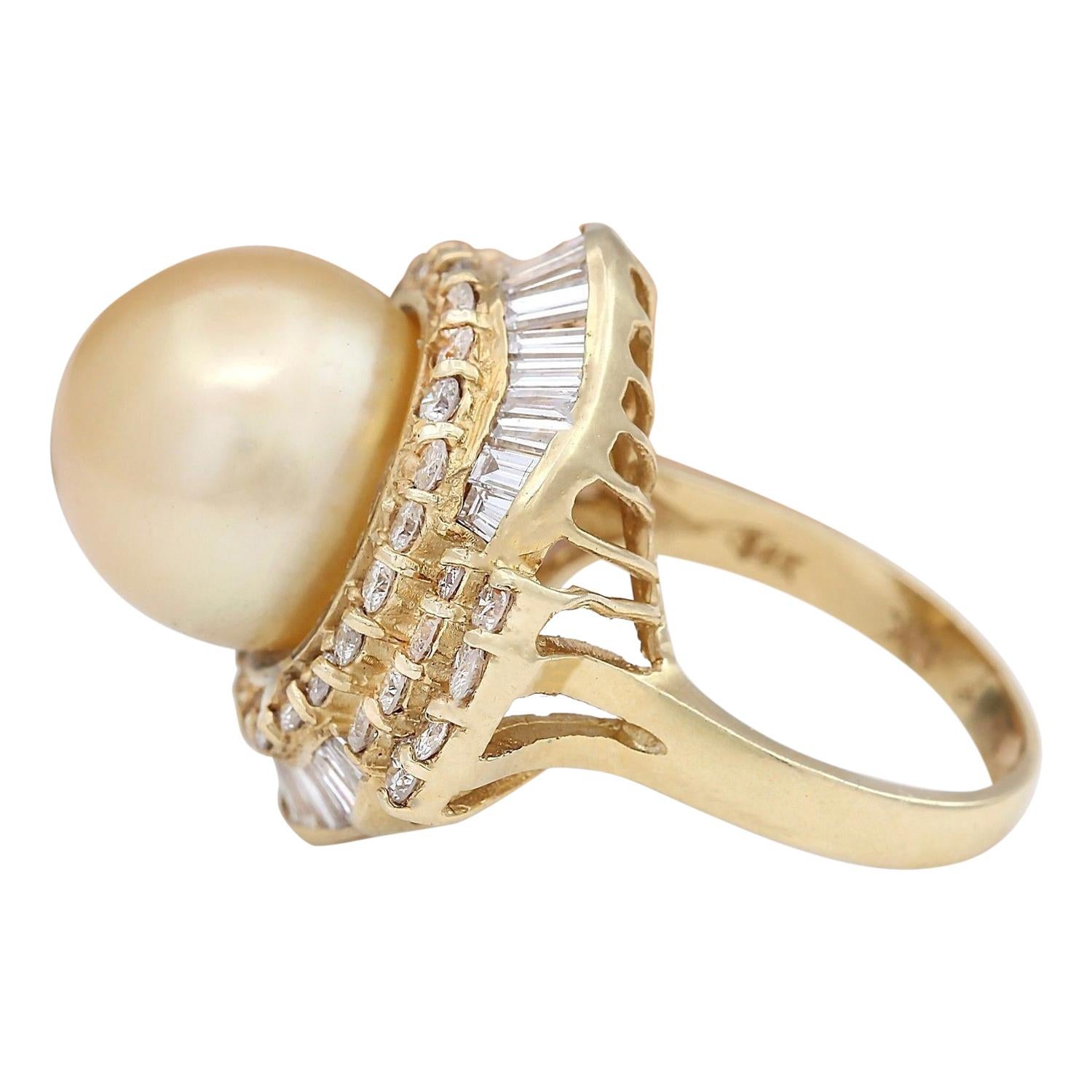 Round Cut Gold South Sea Pearl Diamond Ring In 14 Karat Solid Yellow Gold  For Sale