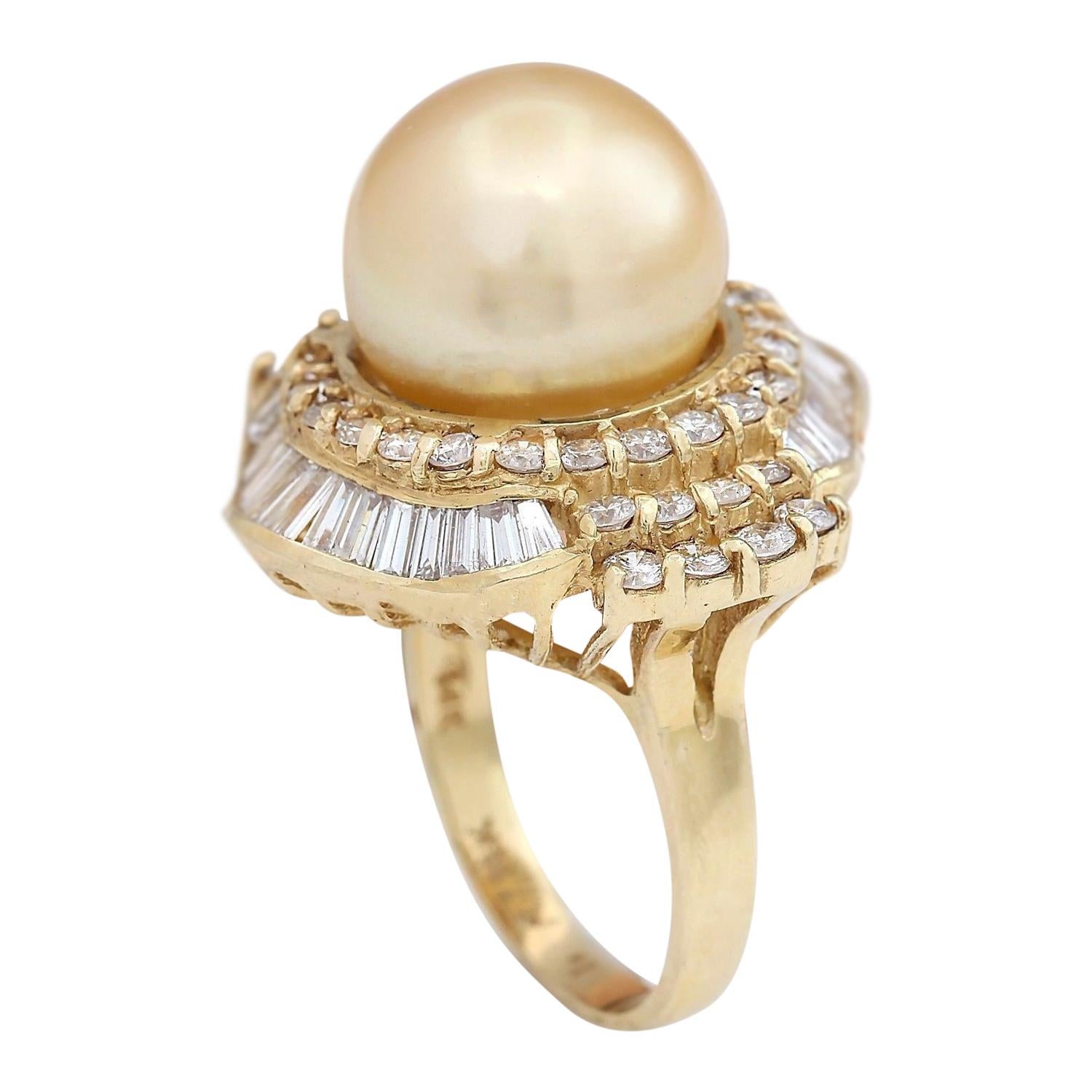 Women's Gold South Sea Pearl Diamond Ring In 14 Karat Solid Yellow Gold  For Sale