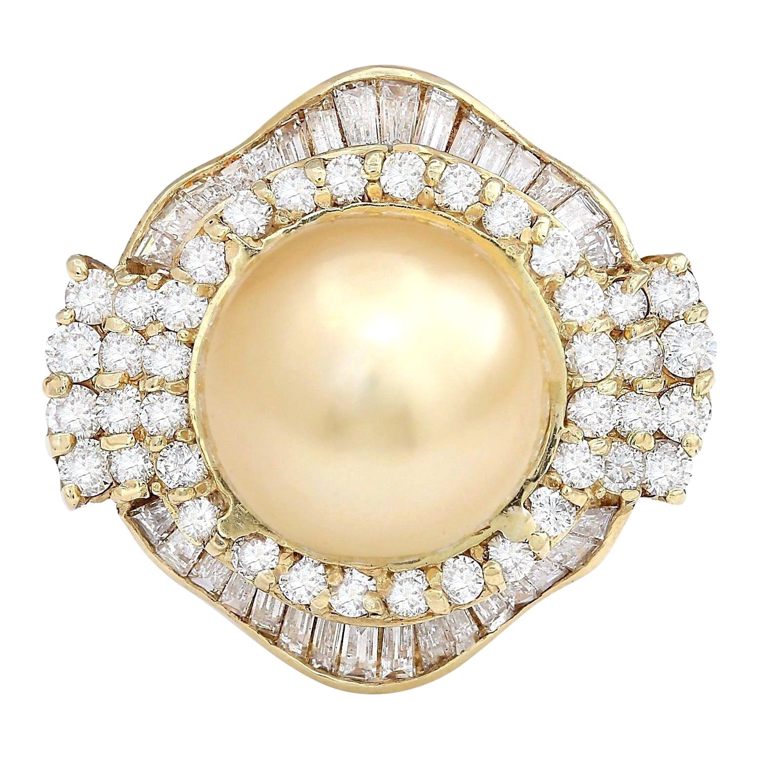 Gold South Sea Pearl Diamond Ring In 14 Karat Solid Yellow Gold 