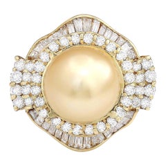 Gold South Sea Pearl Diamond Ring In 14 Karat Solid Yellow Gold 