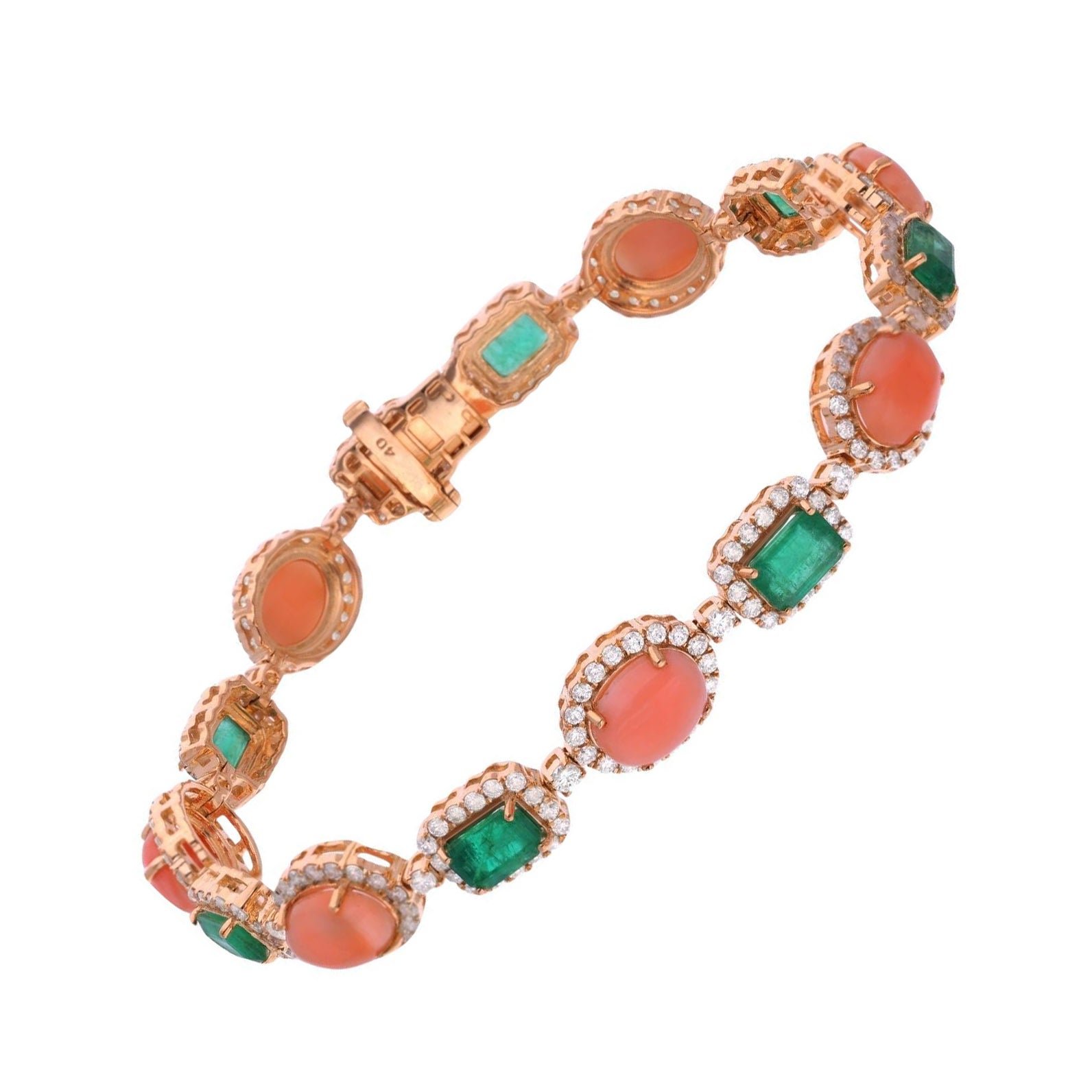 14.08 TCW Coral Esmeralda Halo Acentos de Diamante en Oro Amarillo de 14k Joyería Fina