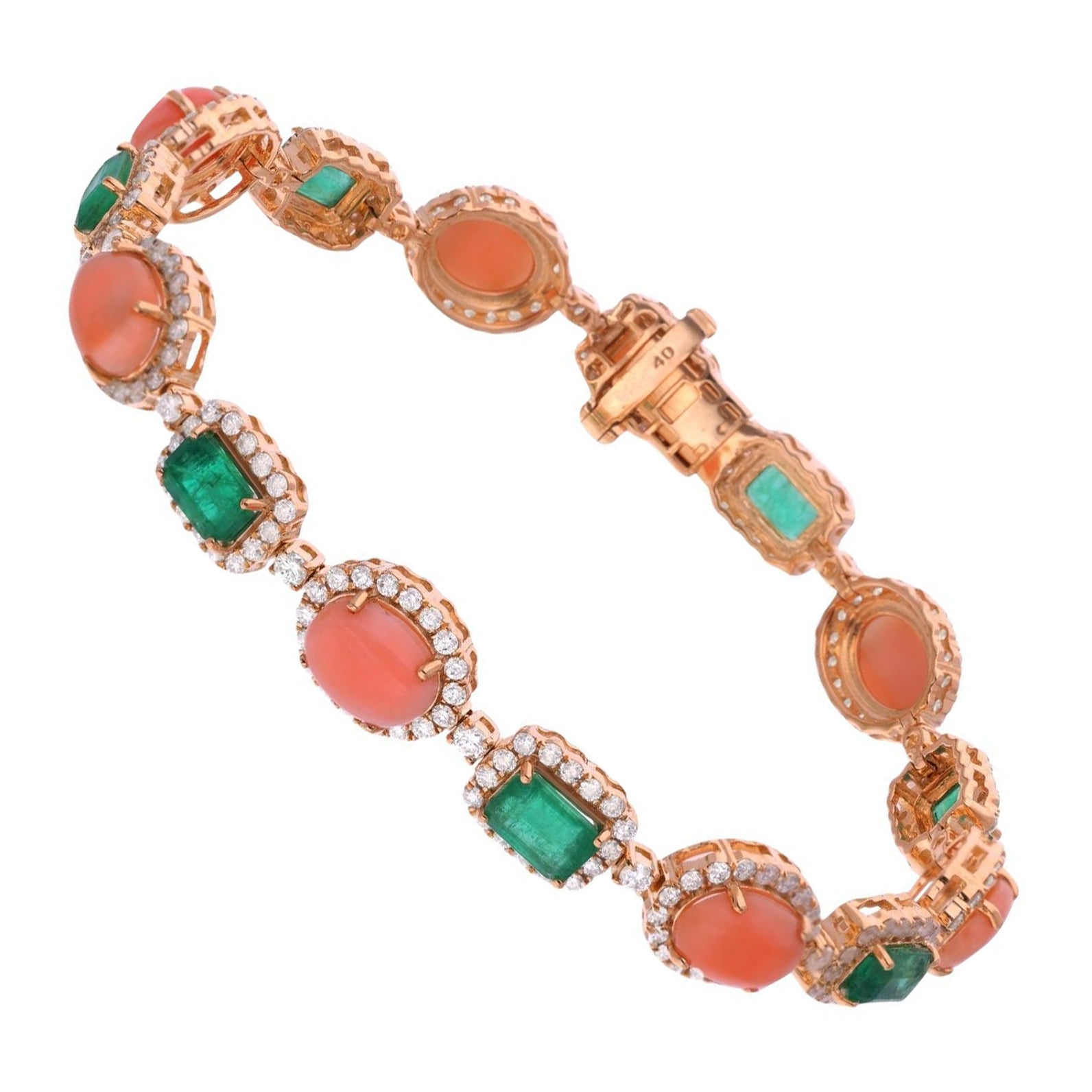 14.08 TCW Coral Esmeralda Halo Acentos de Diamante en Oro Amarillo de 14k Joyería Fina