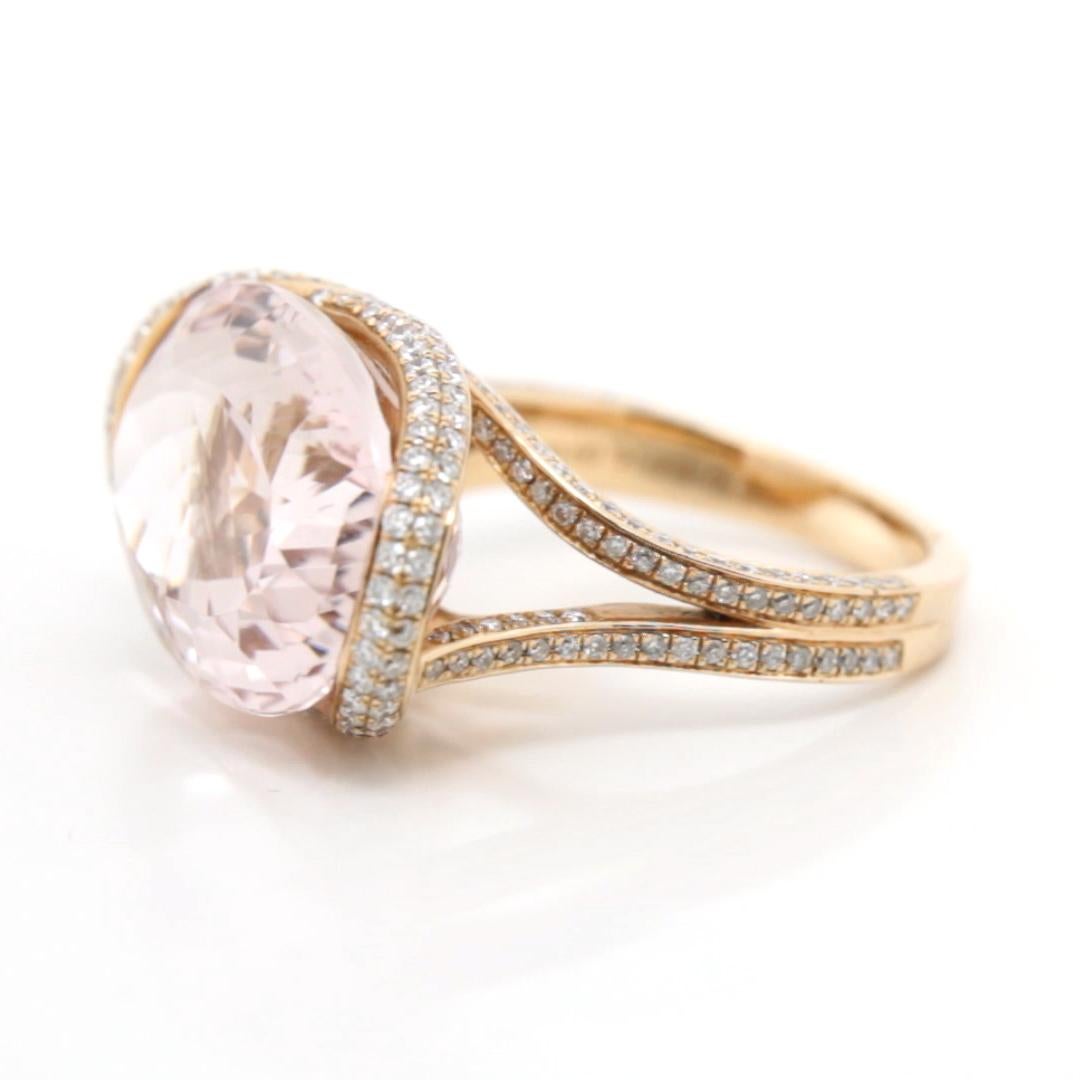 Contemporary 14.09 Carat Pink Morganite East-West Diamond Ring in 18K Rose Gold For Sale