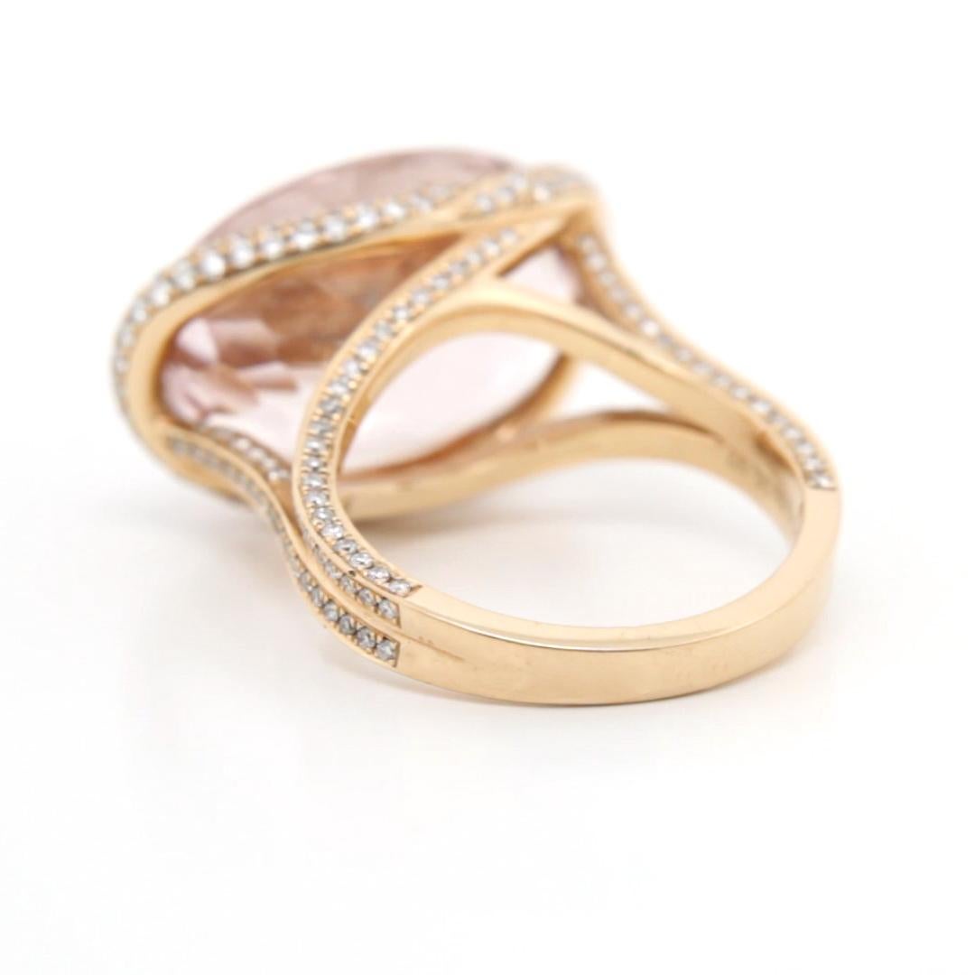 Oval Cut 14.09 Carat Pink Morganite East-West Diamond Ring in 18K Rose Gold For Sale