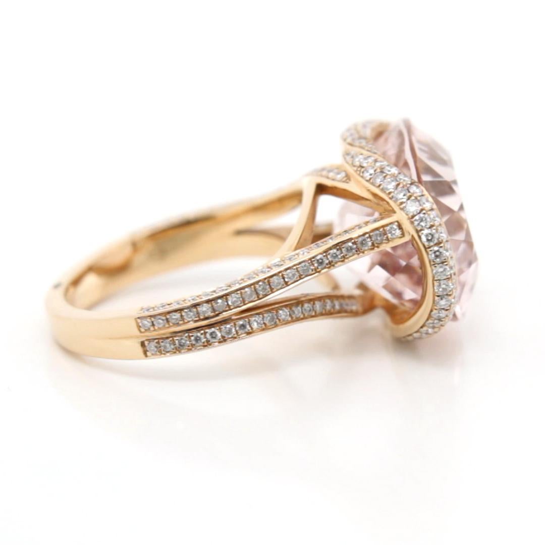 Women's or Men's 14.09 Carat Pink Morganite East-West Diamond Ring in 18K Rose Gold For Sale