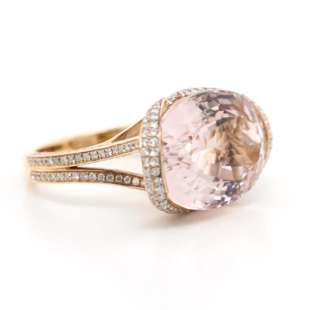 14.09 Carat Pink Morganite East-West Diamond Ring in 18K Rose Gold For Sale 1