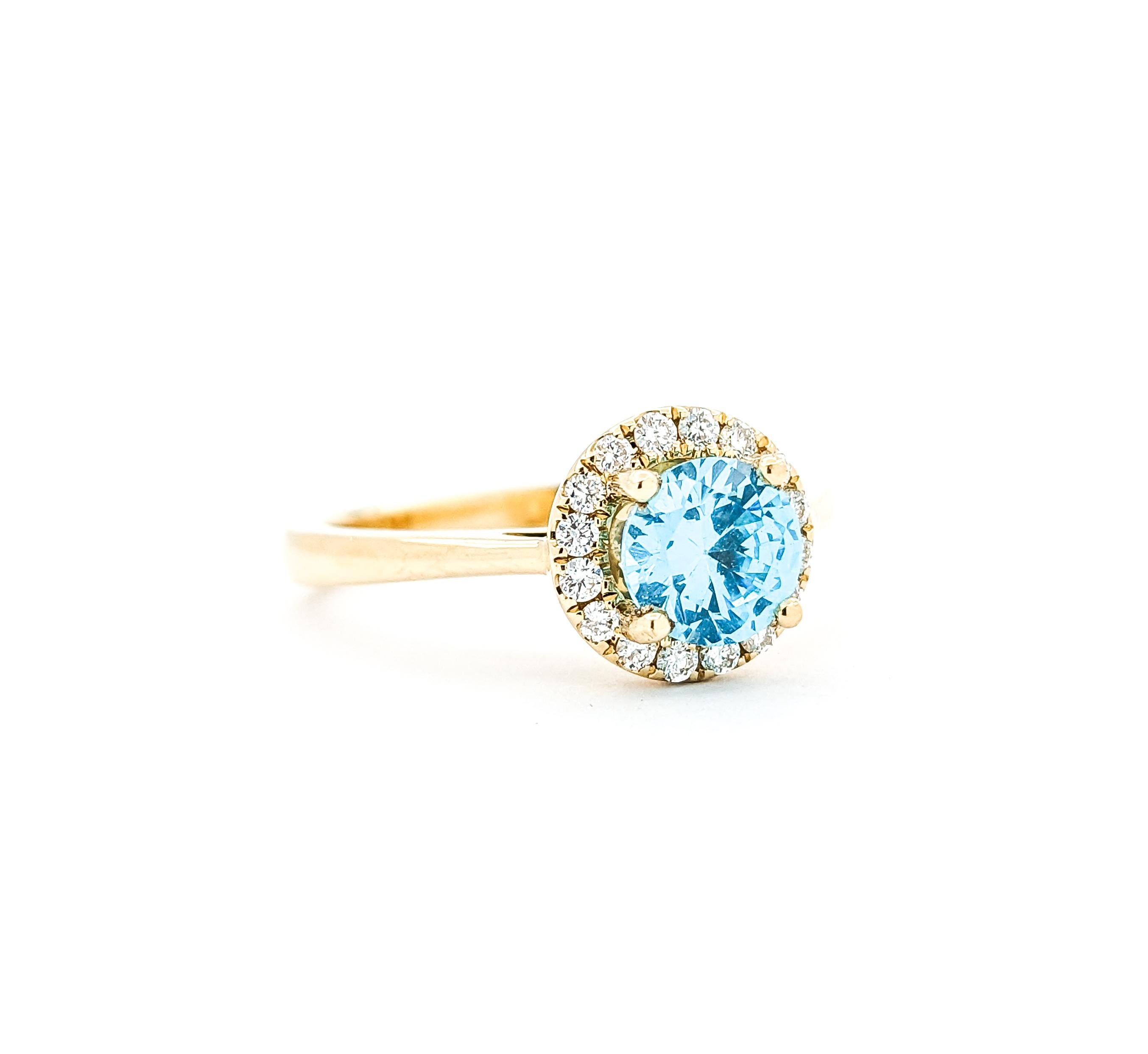 1.40ct Blue Zircon & Diamond Ring In Yellow Gold In Excellent Condition For Sale In Bloomington, MN