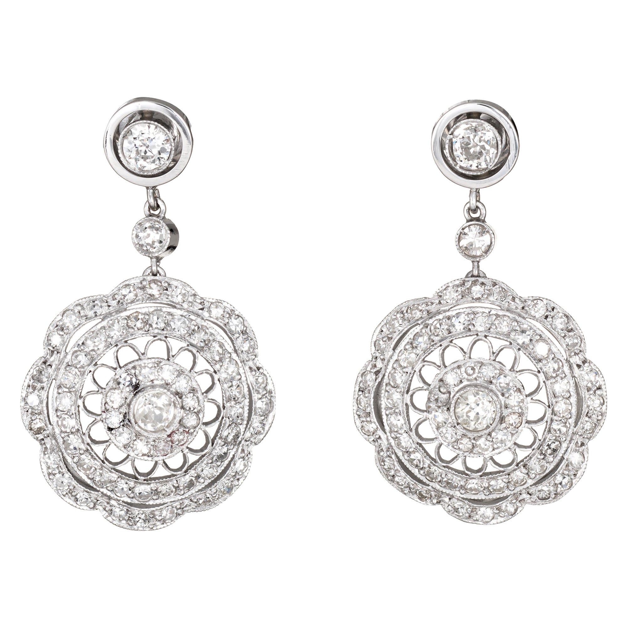 Orecchini a goccia in filigrana con diamanti da 1,40 carati Vintage in oro bianco 18k Gioielli di pregio