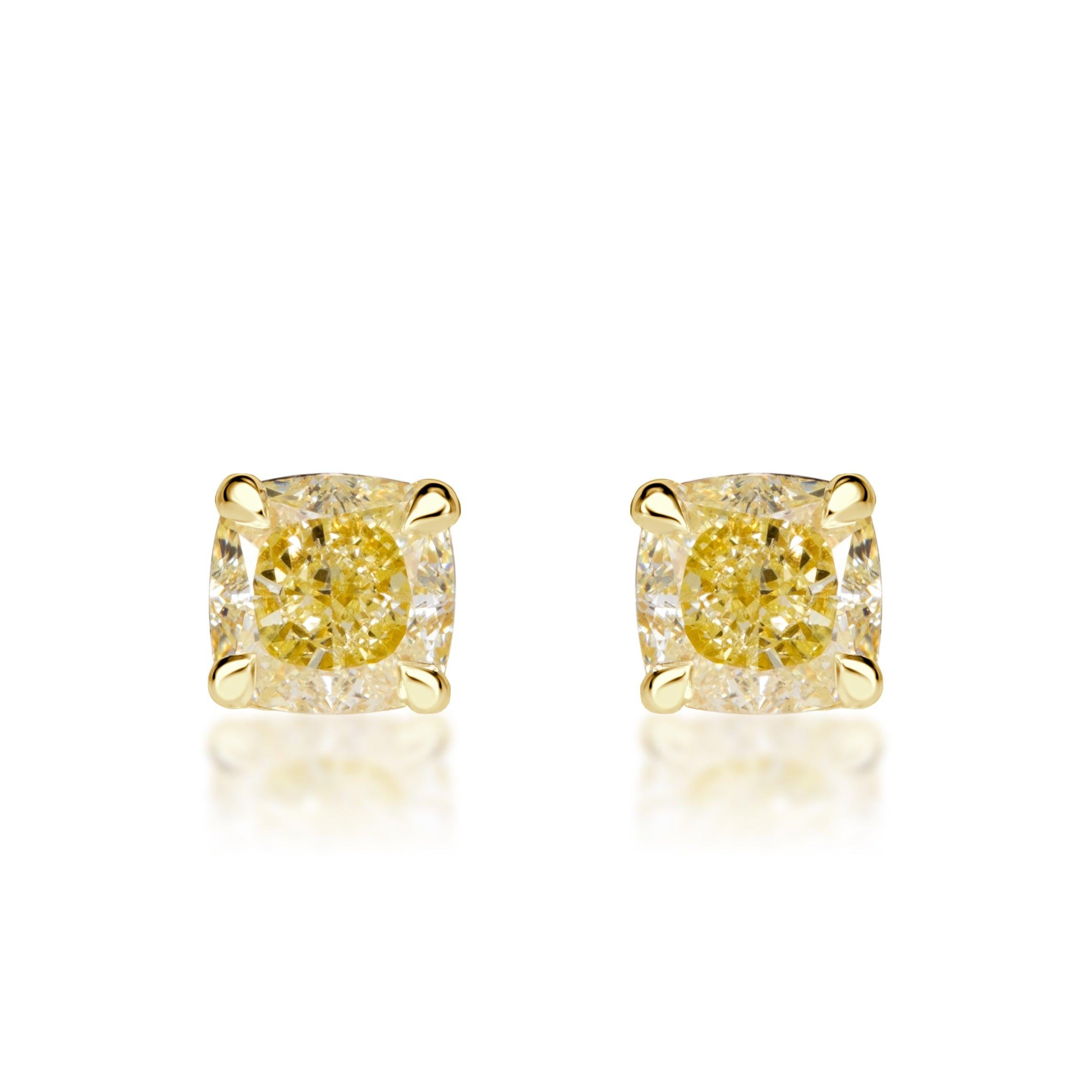 1.40ct Fancy Yellow Cushion Cut Diamond Stud Earrings For Sale