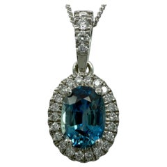1.40ct Natural Vivid Blue Sapphire Diamond Platinum Halo Pendant Necklace