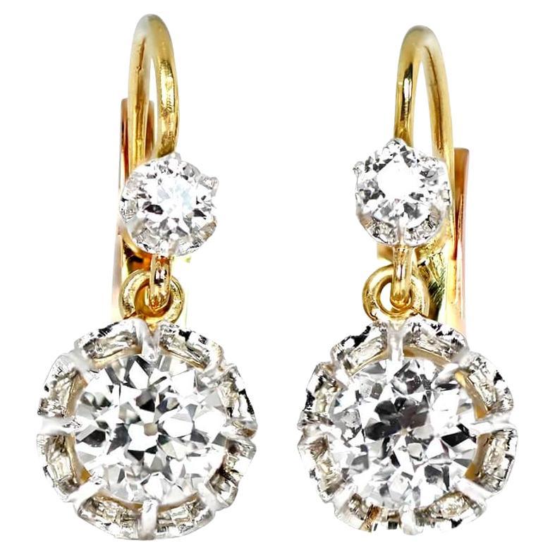 1.40 Carat Old Euro-Cut Dimaond Earrings, 18k Yellow Gold, Platinum For Sale