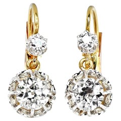 1.40 Carat Old Euro-Cut Dimaond Earrings, 18k Yellow Gold, Platinum