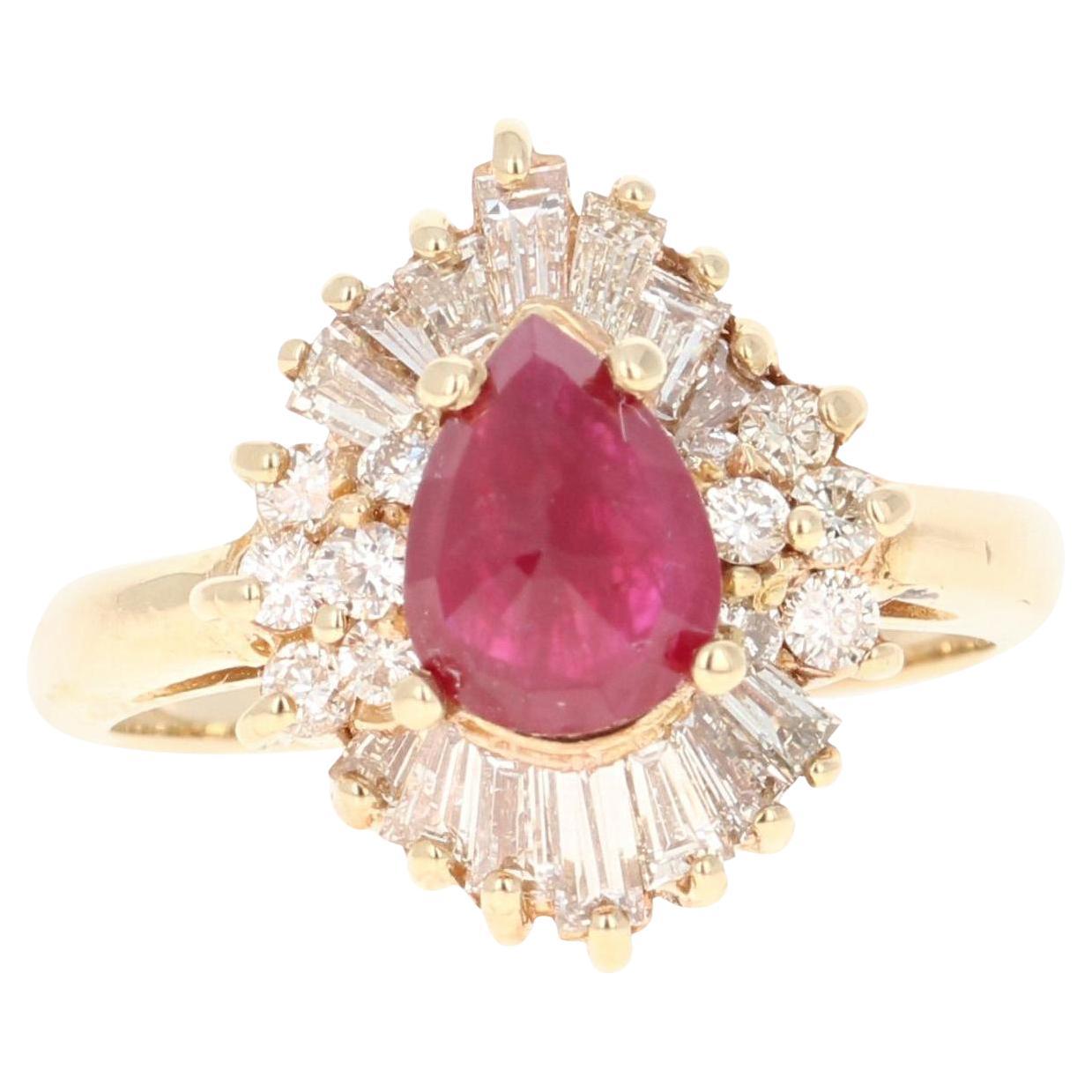 1.40ct Pear Cut Ruby Diamond Ballerina Ring in 14K Gold by Roshe Jewels For Sale