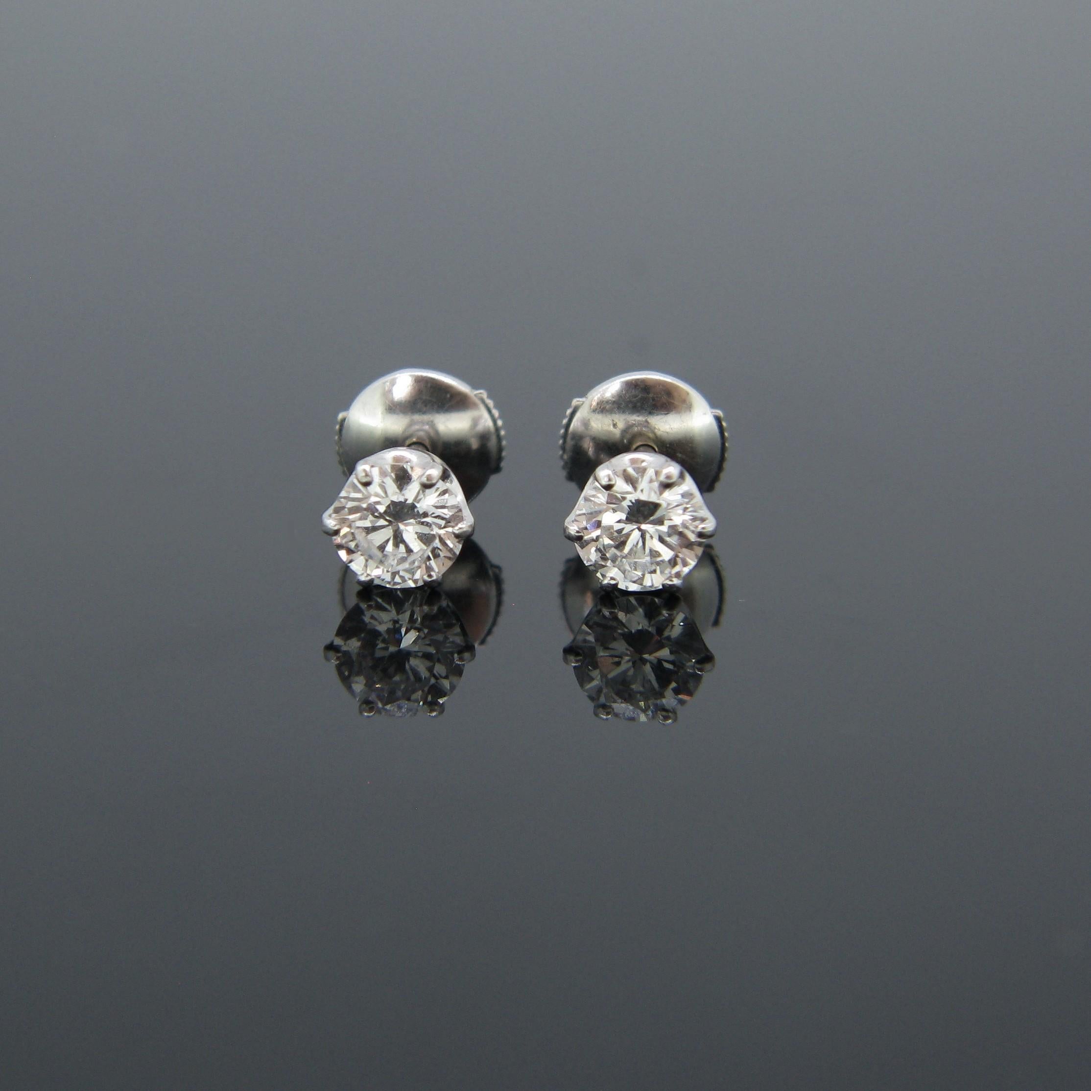 These diamond studs are set in 18kt white gold and marked with the French eagle’s head. The diamonds each weigh 0.70ct aproximately totalling 1.40ct and have exceptionally good colour and clarity – E/F and VVS. The earrings back closes very securely