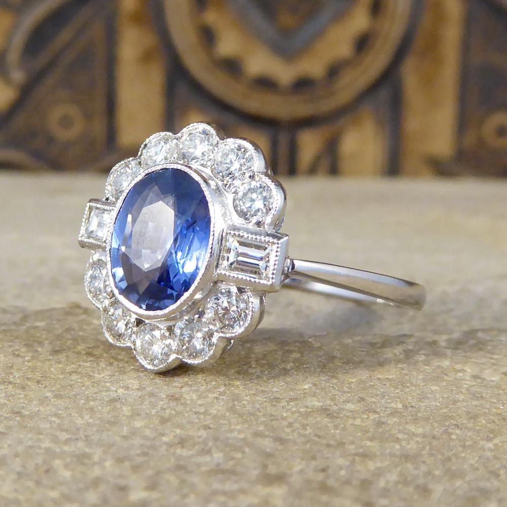 1.40Ct Sapphire and 0.65Ct Diamond Cluster Ring in 18Ct White Gold and Platinum In Good Condition In Yorkshire, West Yorkshire