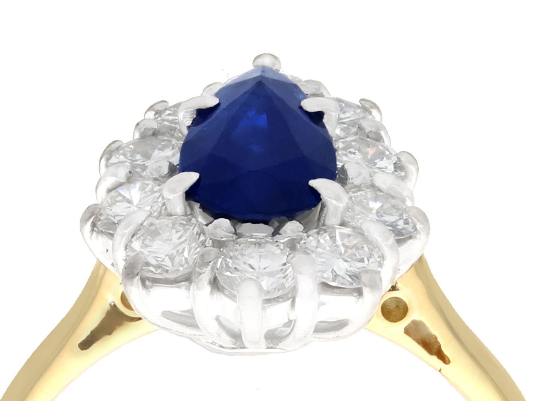 A fine and impressive vintage 1.40 carat sapphire and 0.68 carat diamond, 18 karat yellow and white gold cluster ring; part of our diverse gemstone jewelry and estate jewelry collections

This fine and impressive vintage sapphire cluster ring has