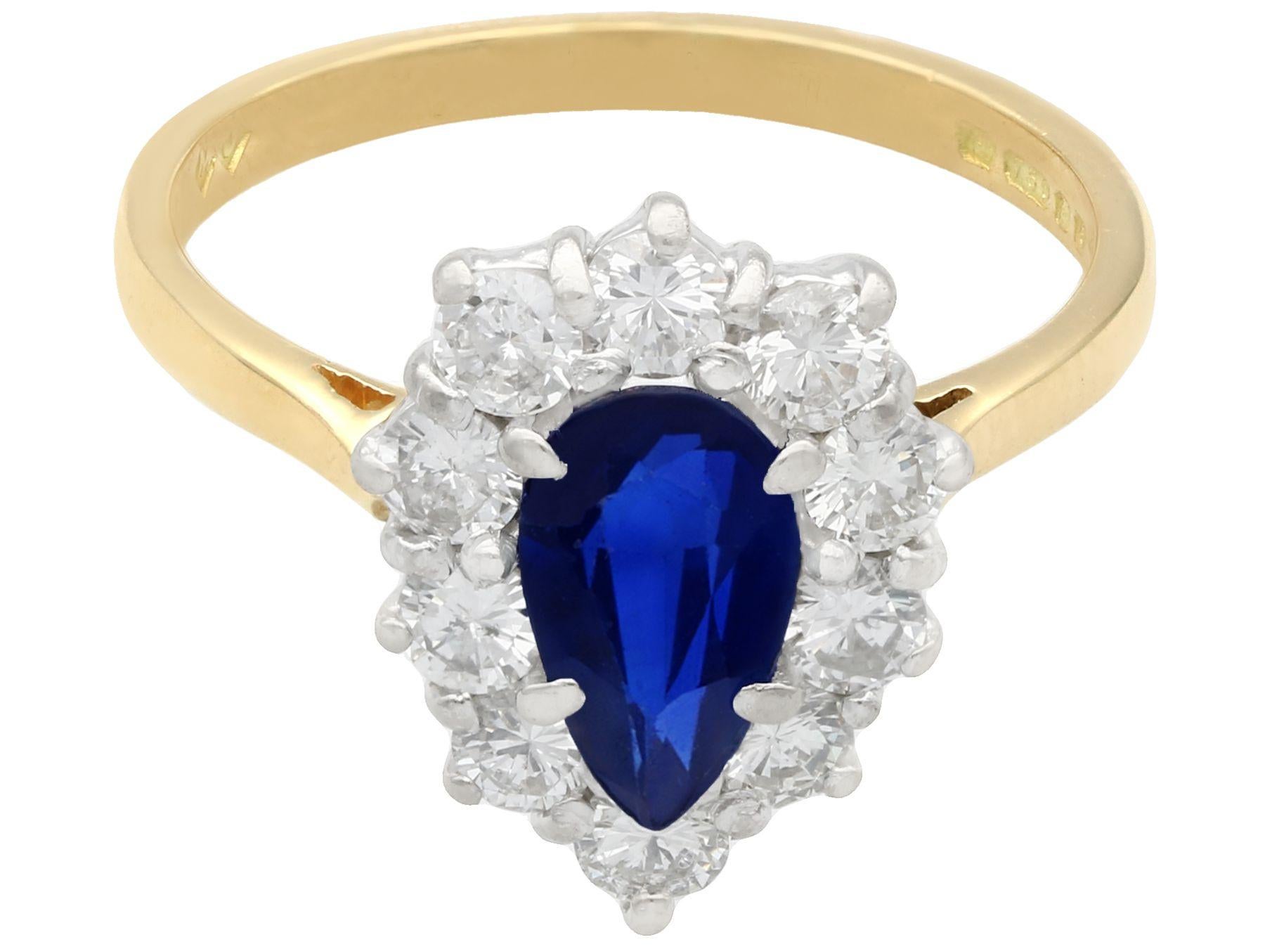 Pear Cut 1.40 Carat Sapphire and Diamond Yellow Gold Cluster Ring Vintage 1970