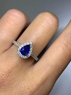 1.40ct Sapphire blue Ceylon pear shape diamond halo engagement ring 18ct gold.