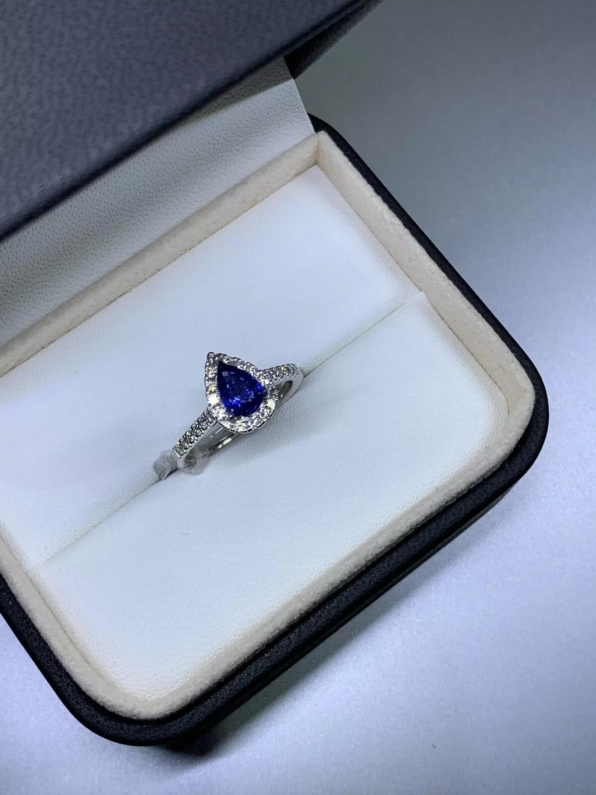 Pear Cut 1.40ct Sapphire blue Ceylon pear shape diamond halo engagement ring 18ct gold. For Sale