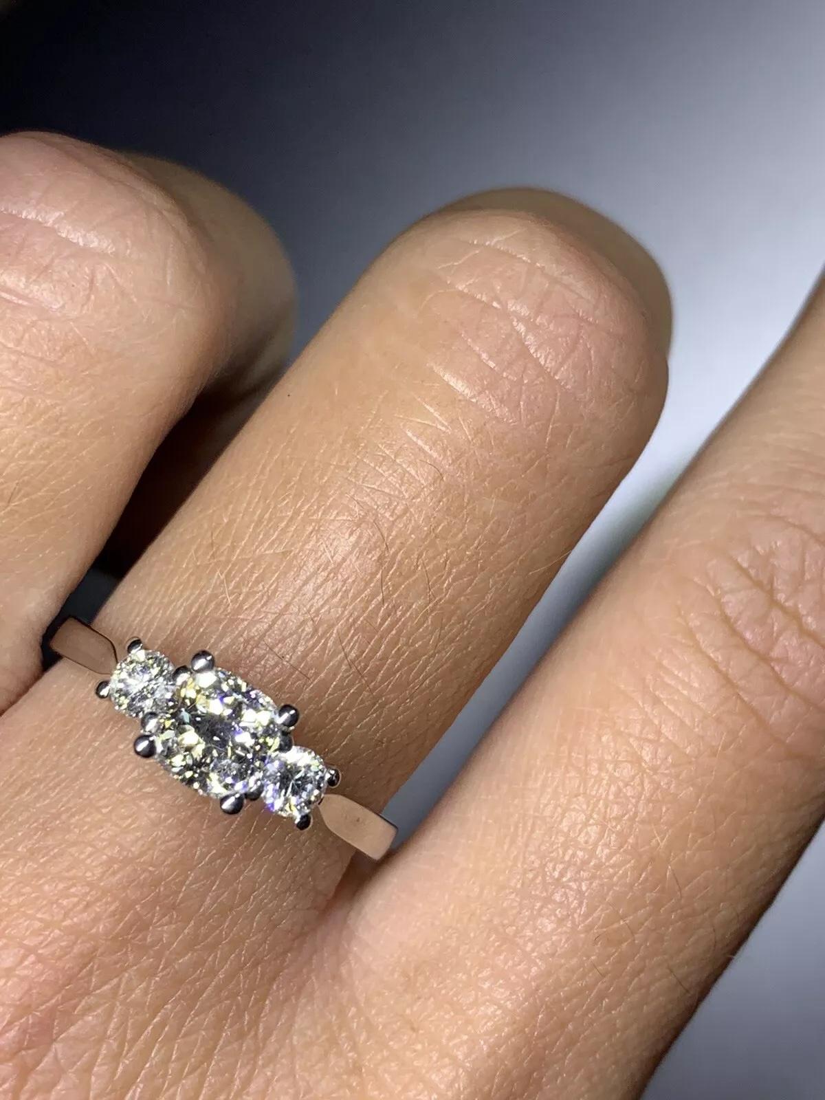 Cushion Cut 1.40ct Trilogy three diamonds cushion and round diamond engagement ring in plati For Sale