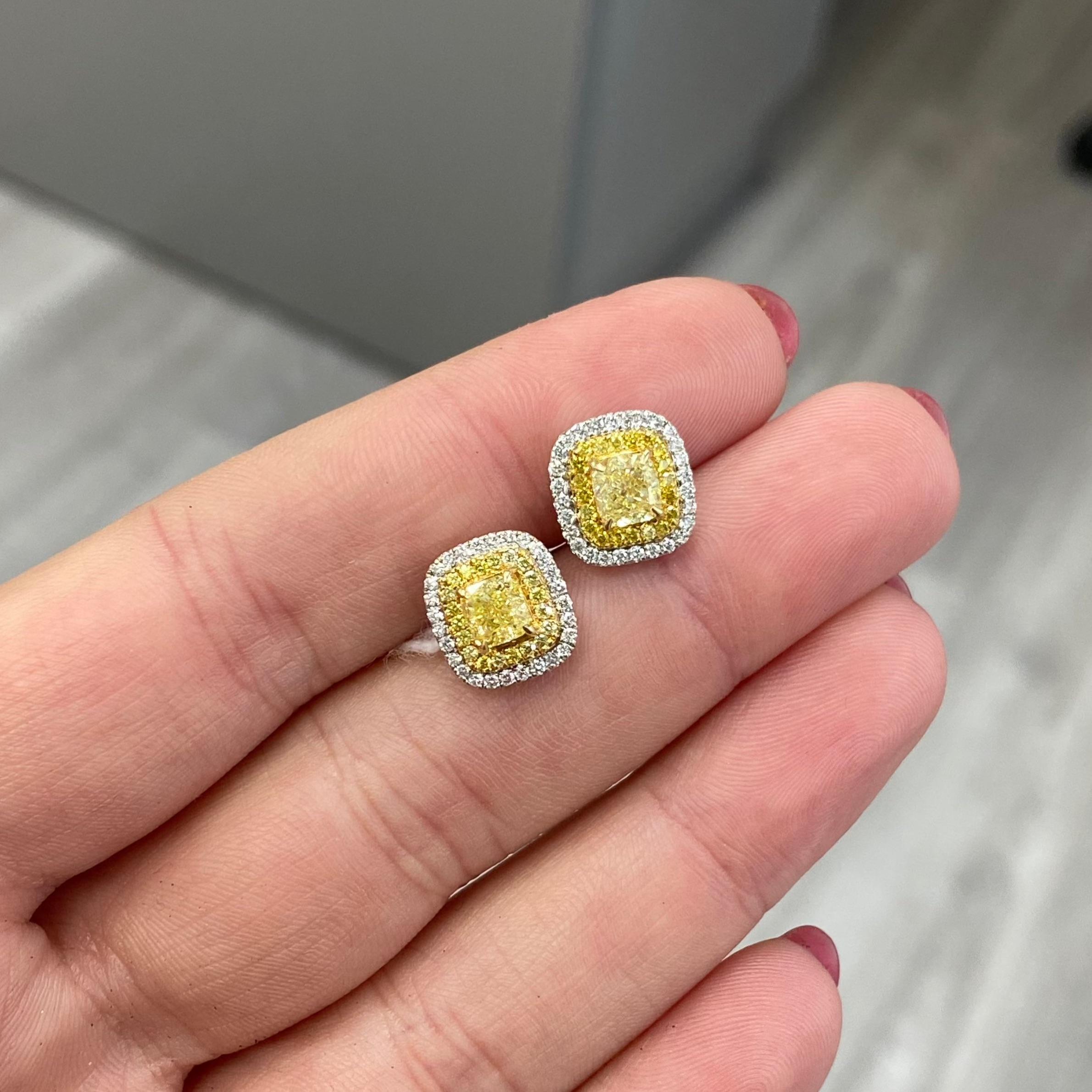 1.38ct Fancy Yellow Double Halo Diamond Studs In New Condition For Sale In New York, NY