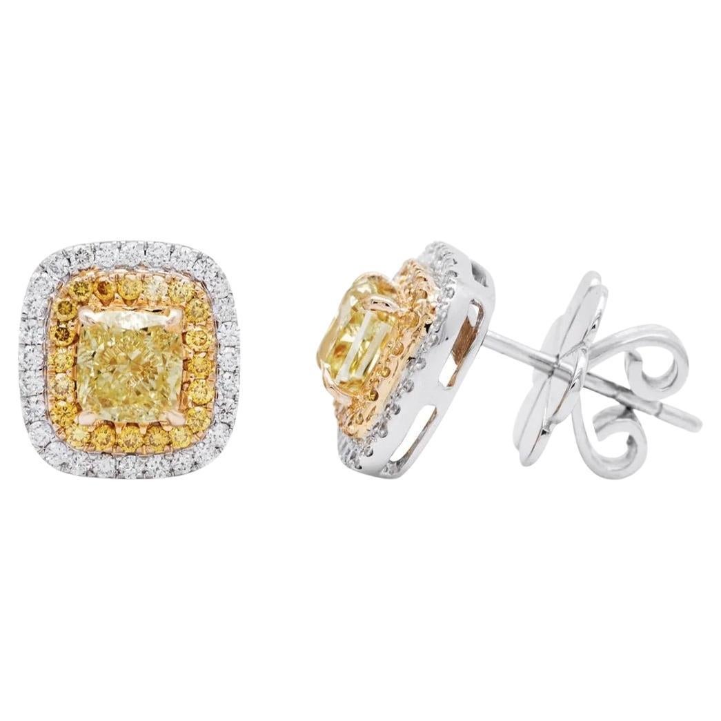 1.38ct Fancy Yellow Double Halo Diamond Studs For Sale