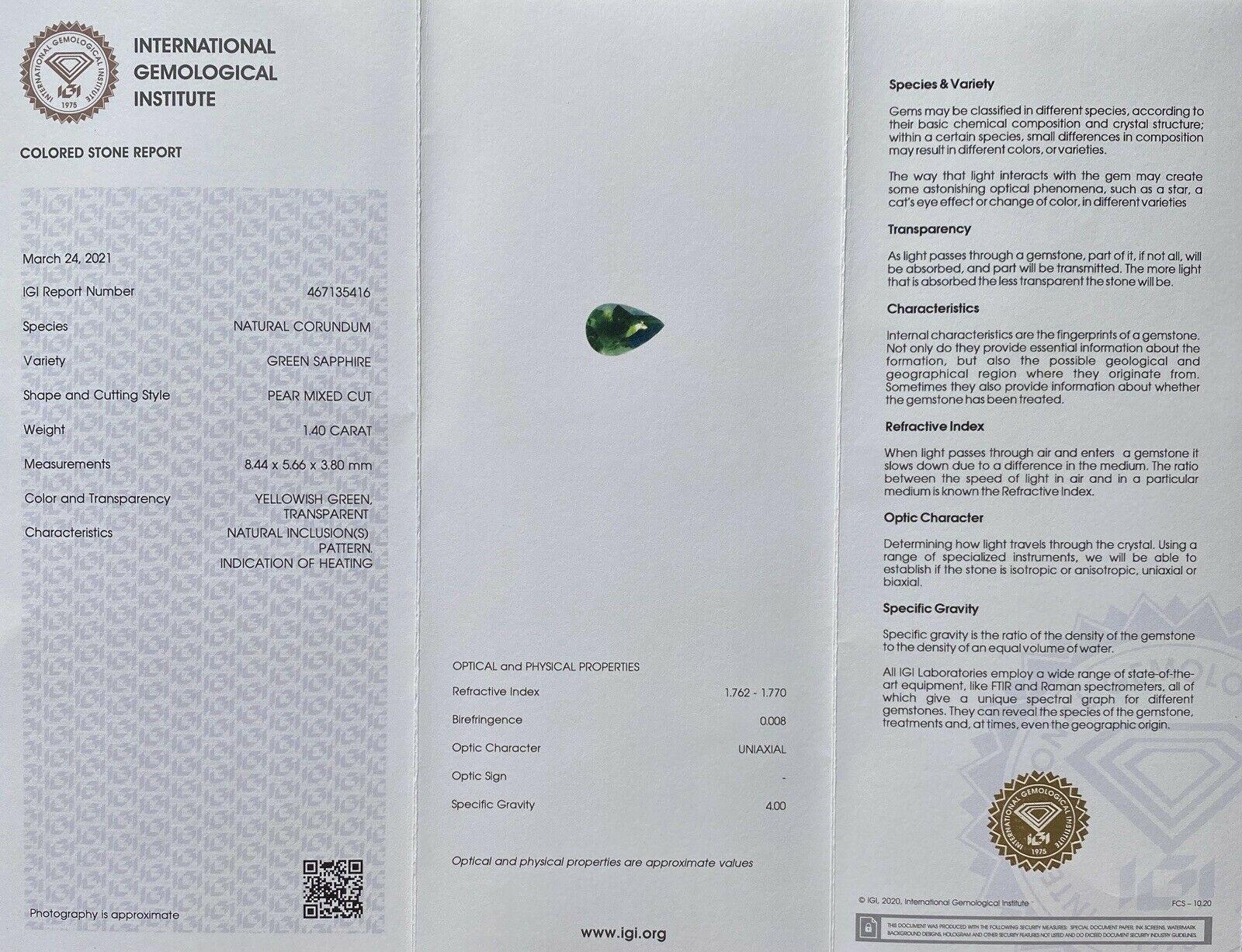 Pear Cut 1.40ct Yellow Green Sapphire Rare IGI Certified Pear Teardrop Cut Gem Blister For Sale