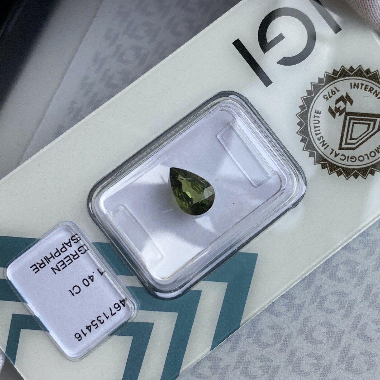 1.40ct Yellow Green Sapphire Rare IGI Certified Pear Teardrop Cut Gem Blister For Sale 2