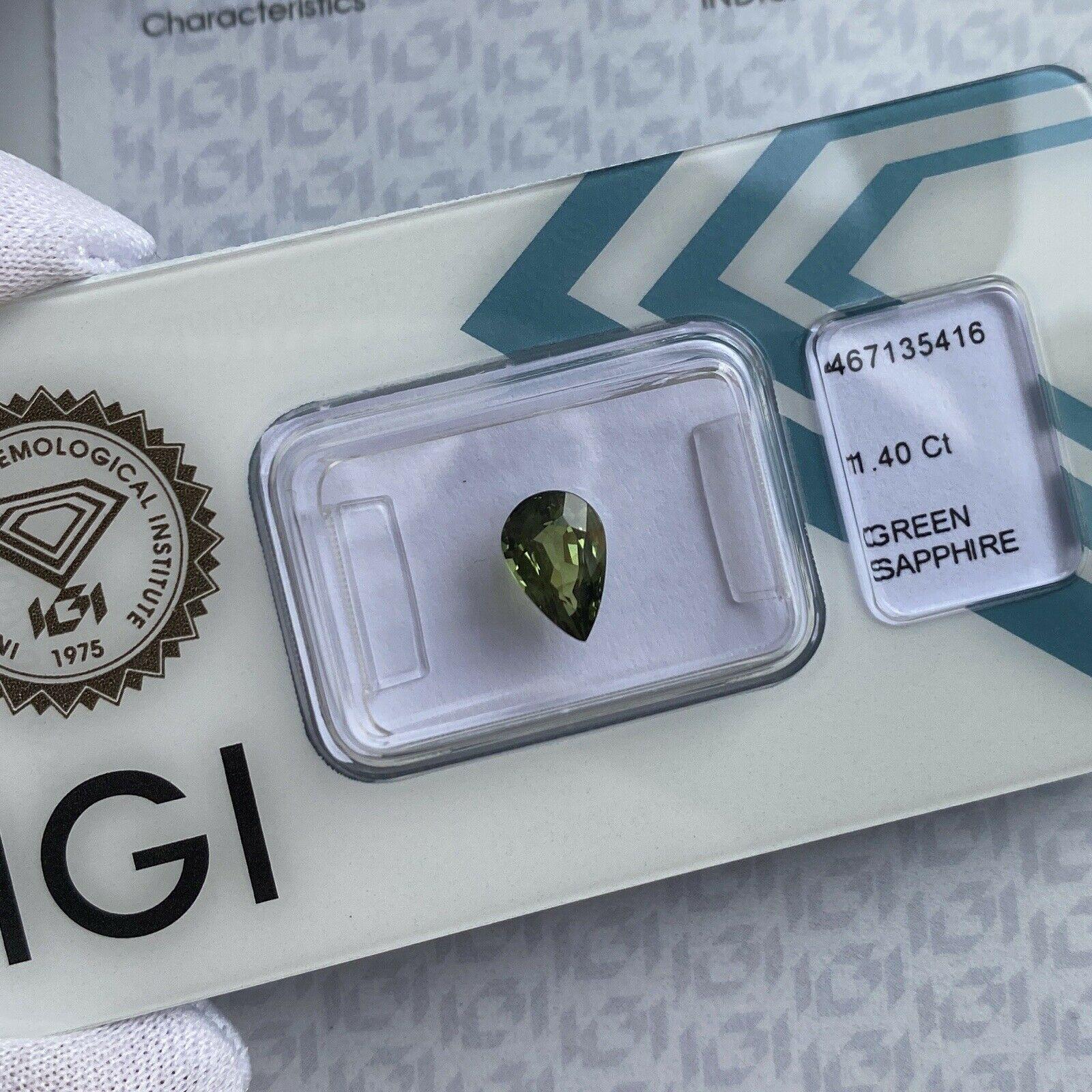 1.40ct Yellow Green Sapphire Rare IGI Certified Pear Teardrop Cut Gem Blister For Sale 1