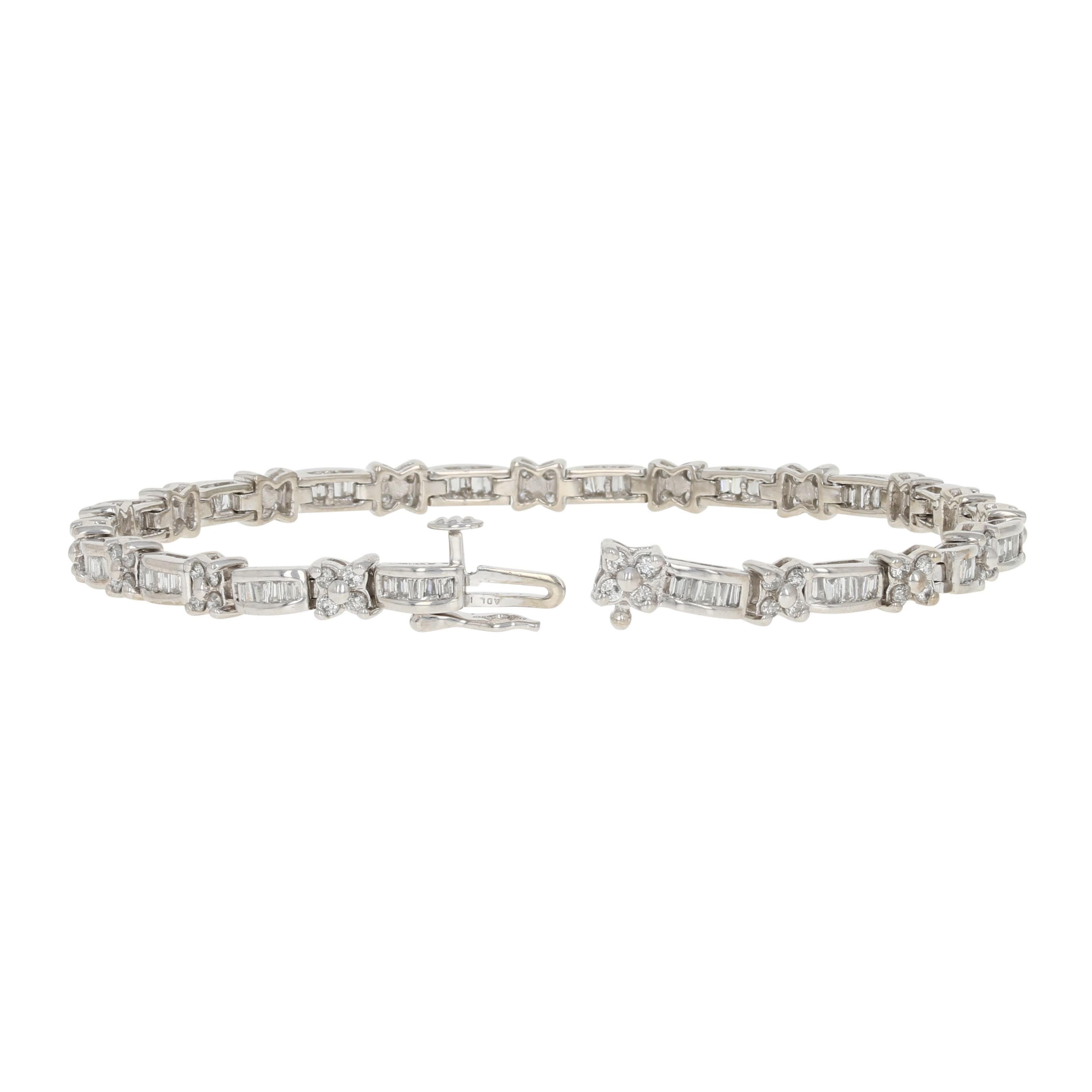 Radiantly beautiful, this piece will be a stunning addition to your jewelry collection! This 14k white gold link bracelet showcases a floral-inspired motif adorned with natural diamonds that are held in ported mounts for optimum shine.   

Metal