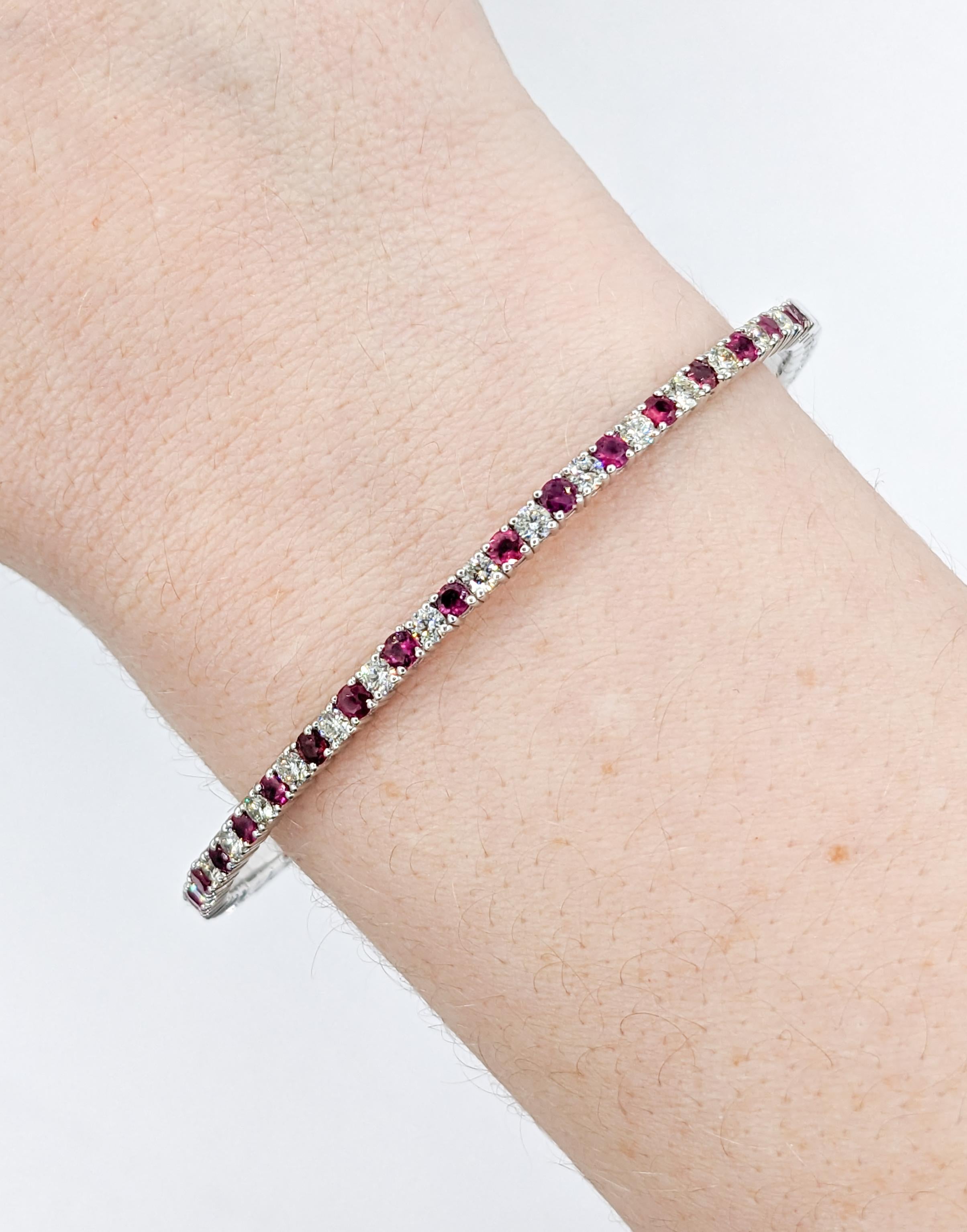 1.40ctw Ruby & 1.10ctw Diamond Flex Bracelet White Gold

Presenting our exquisite bracelet, exquisitely crafted in 14kt white gold, and set with a flexible arrangement of 1.12ctw diamonds that shimmer with SI-I clarity and a near colorless