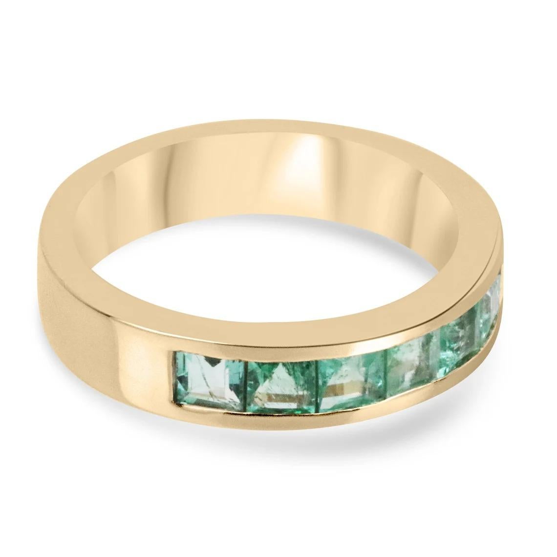 Showcased is a handcrafted Princess cut genuine emerald wedding band 14k. Handcrafted by our own master jeweler, this ring features a row of seven-channel set princess cut emeralds. Each natural gemstone has been hand-selected meticulously to ensure