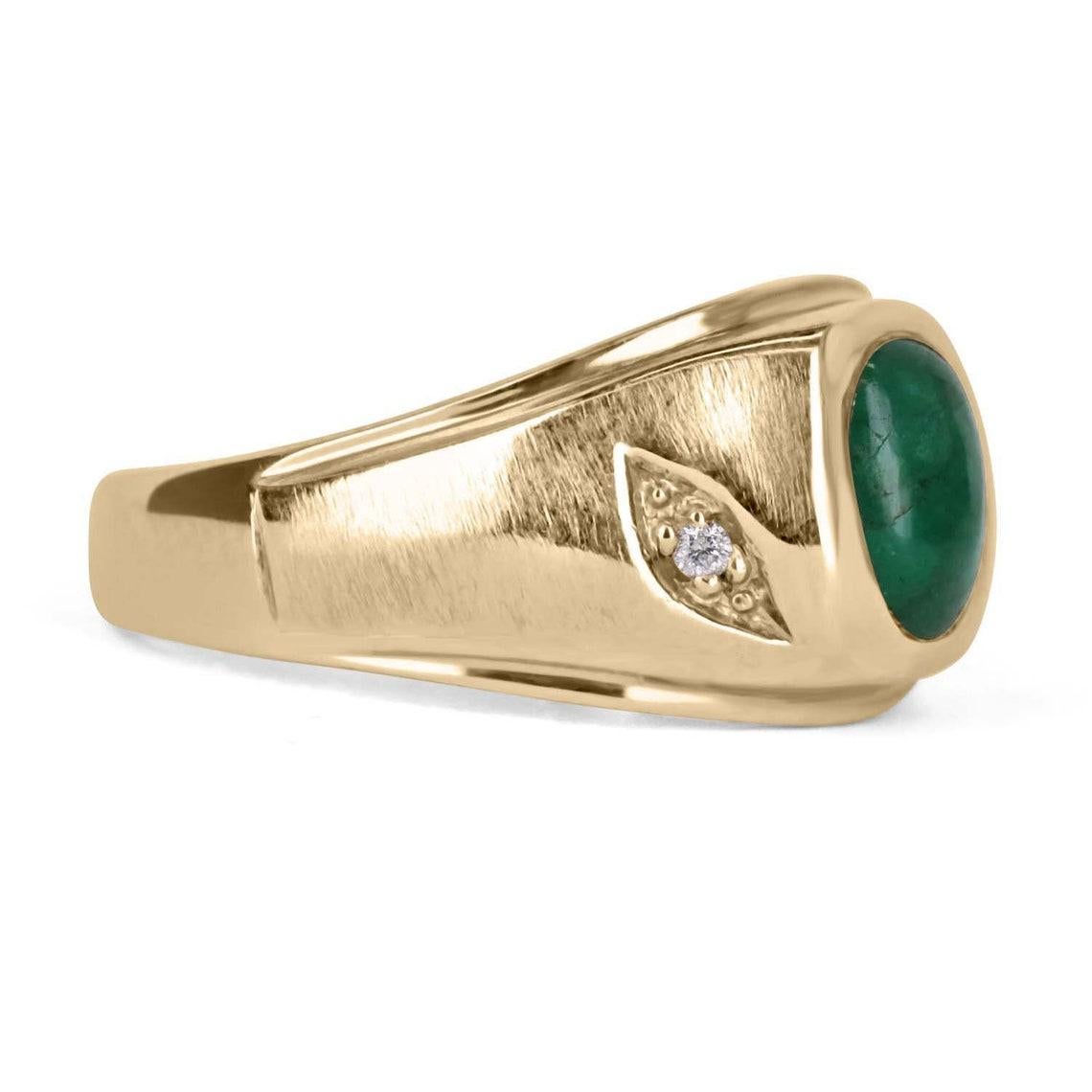 A beautiful three-stone, natural emerald cabochon, and diamond ring. The center stone cabochon has a full 1.36-carats, with a dark green color and very good luster. Accenting the cabochon are two petite brilliant round diamonds. This one-of-a-kind