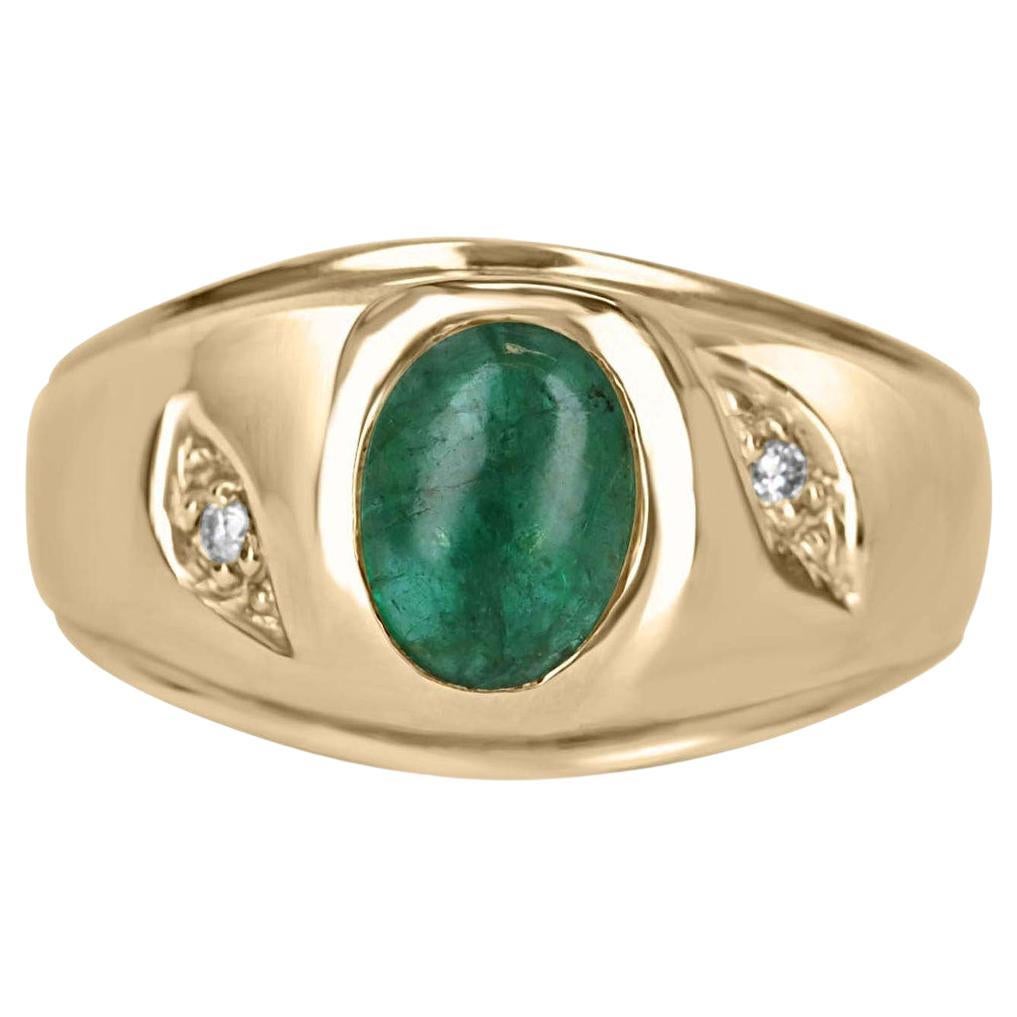 1.40tcw Oval Natural Emerald Cabochon & Diamond Three Stone Ring Unisex