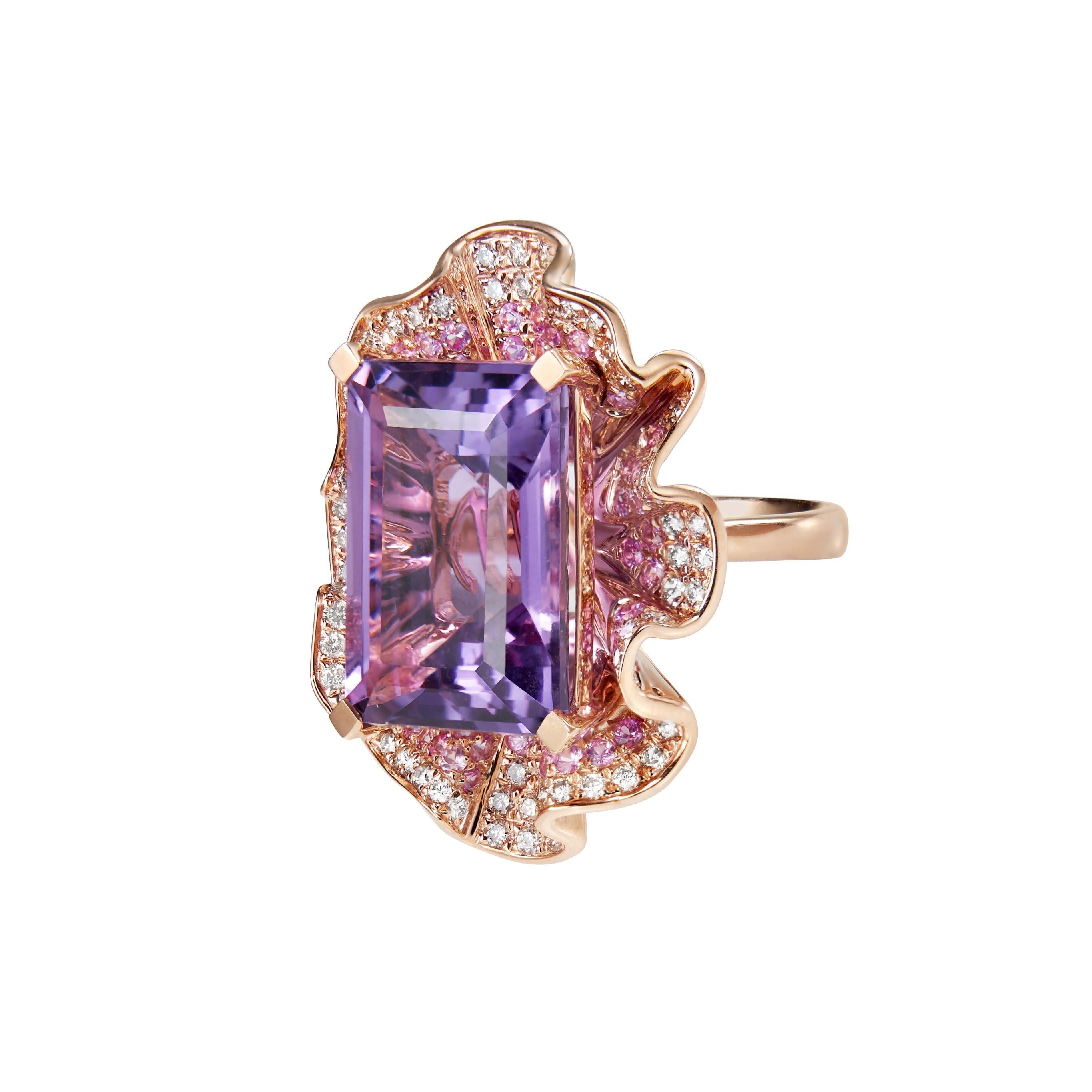 Contemporary 14.1 Carat Amethyst with Sapphire & Diamond Cocktail Ring in 18 Karat Rose Gold