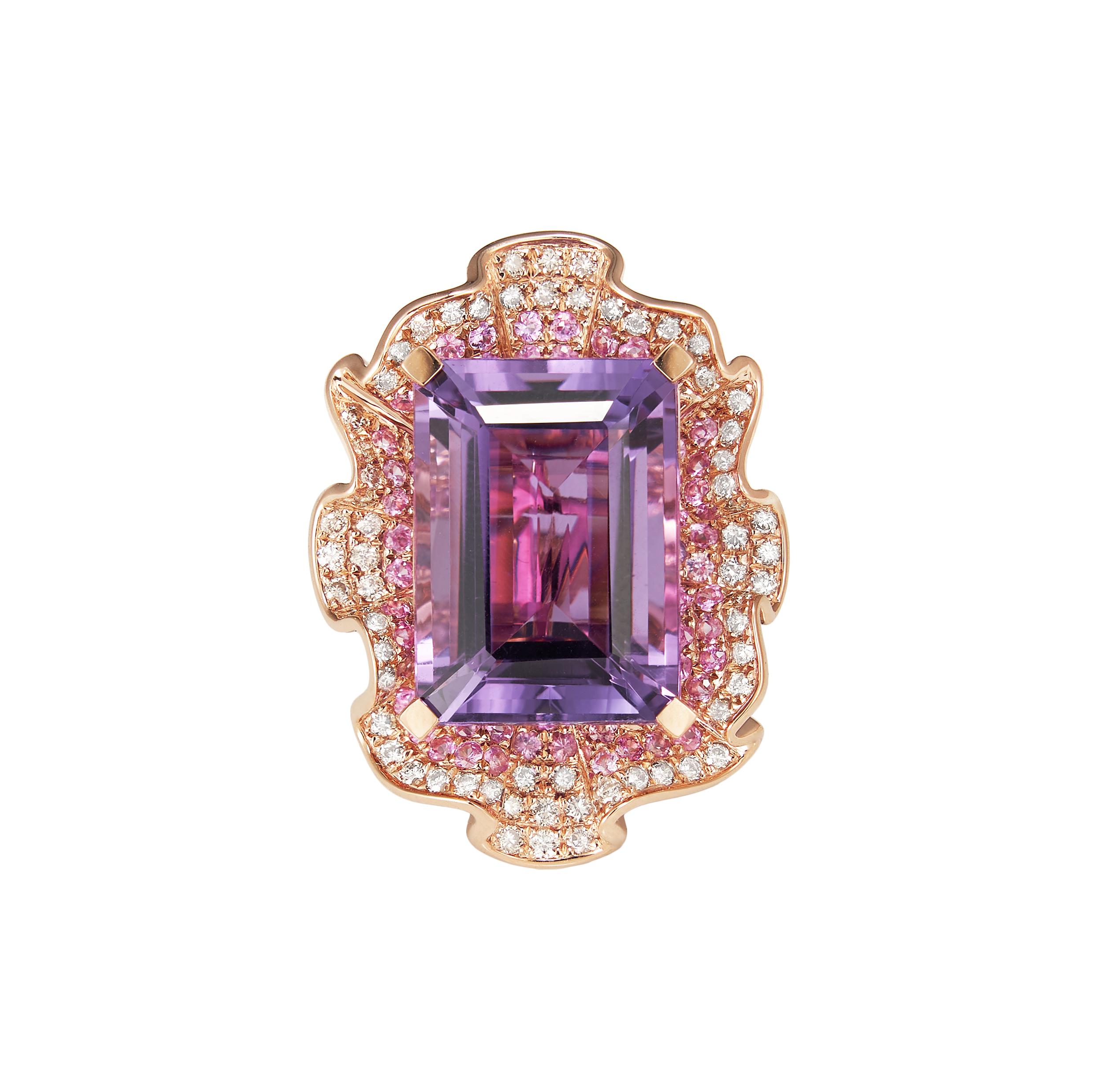Octagon Cut 14.1 Carat Amethyst with Sapphire & Diamond Cocktail Ring in 18 Karat Rose Gold