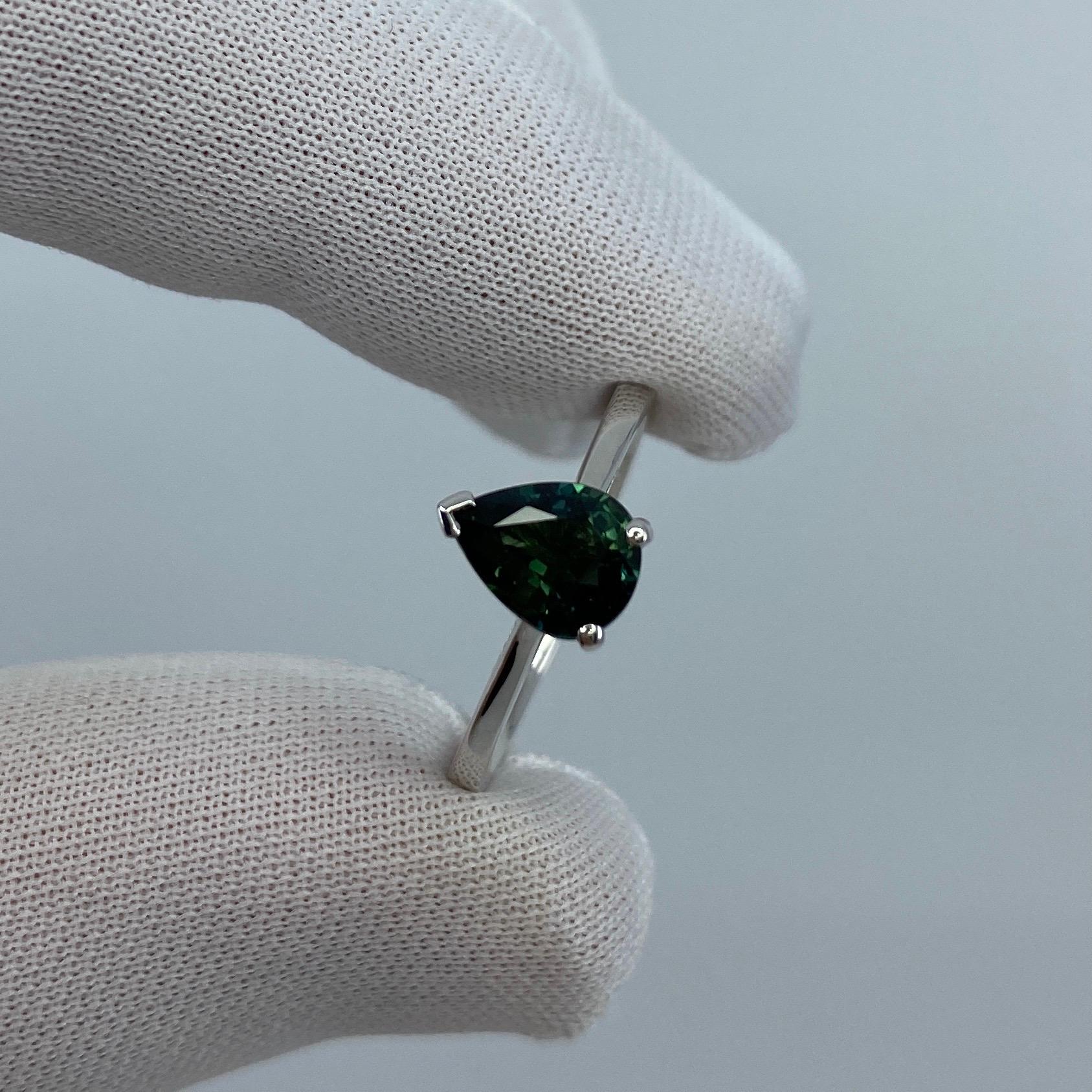 1.41 Carat Blue Green Australian Sapphire Pear Cut 18k White Gold Solitaire Ring In New Condition In Birmingham, GB