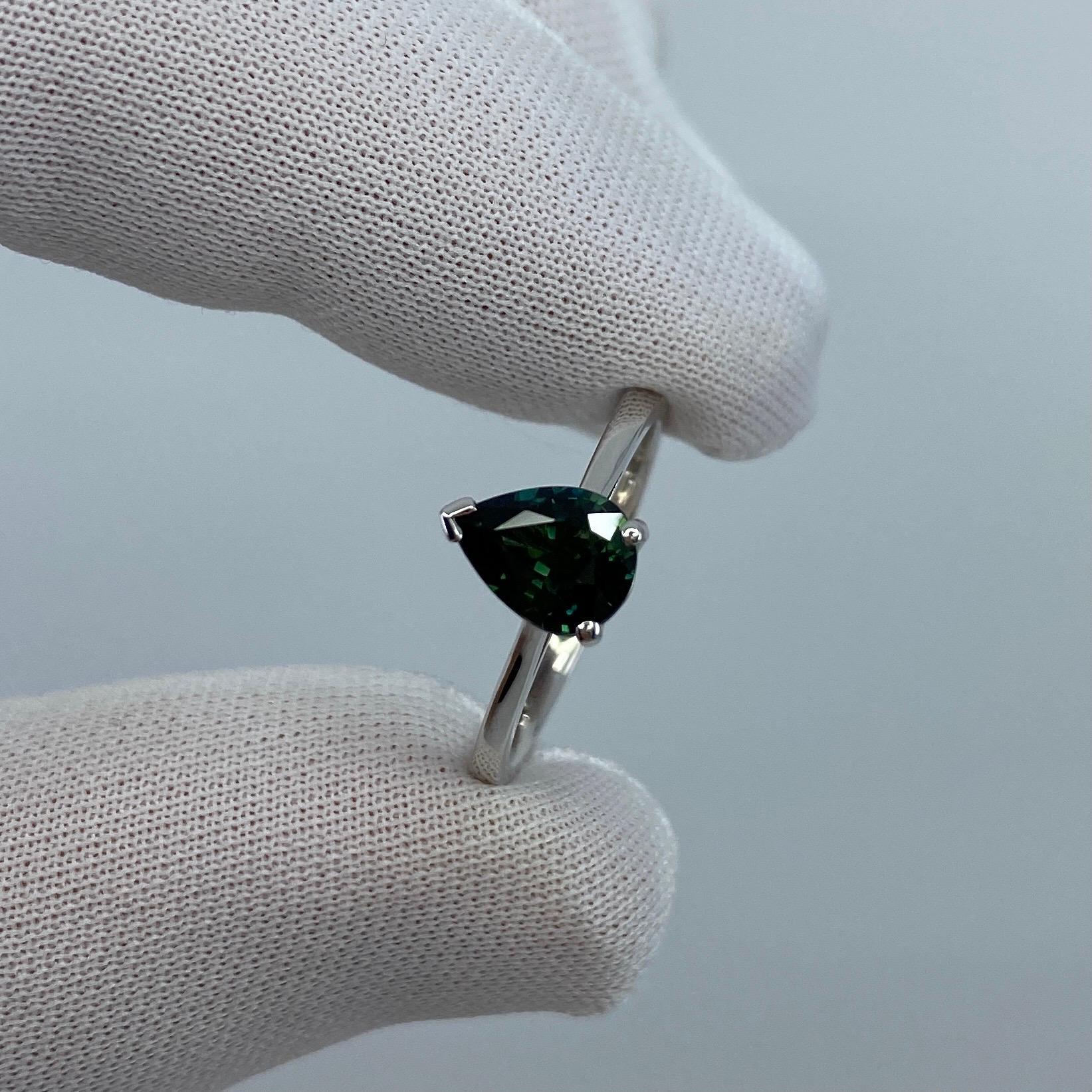 1.41 Carat Blue Green Australian Sapphire Pear Cut 18k White Gold Solitaire Ring 5