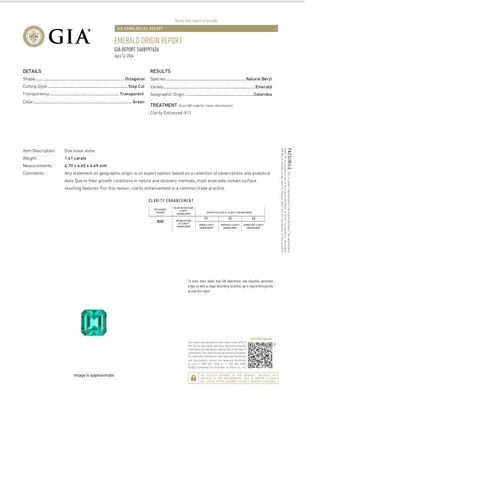 1.41 Carat Colombian Emerald Diamond Platinum Ring, GIA Certified For Sale 1