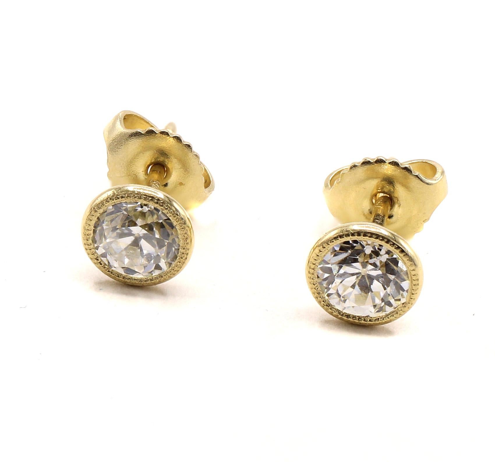 1.41 Carat D Color Old European Cut Diamond 18 Karat Gold Stud Earrings For Sale 1