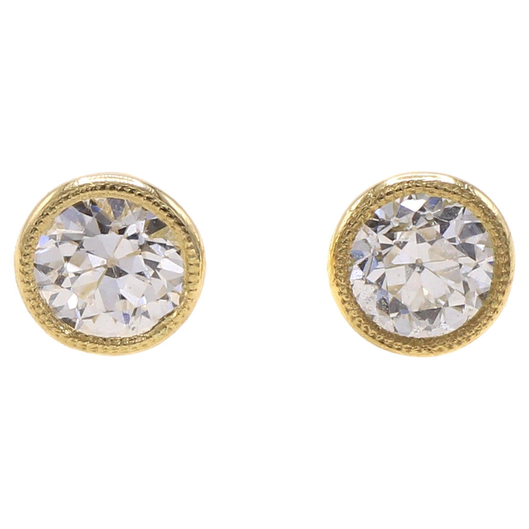 1.41 Carat D Color Old European Cut Diamond 18 Karat Gold Stud Earrings