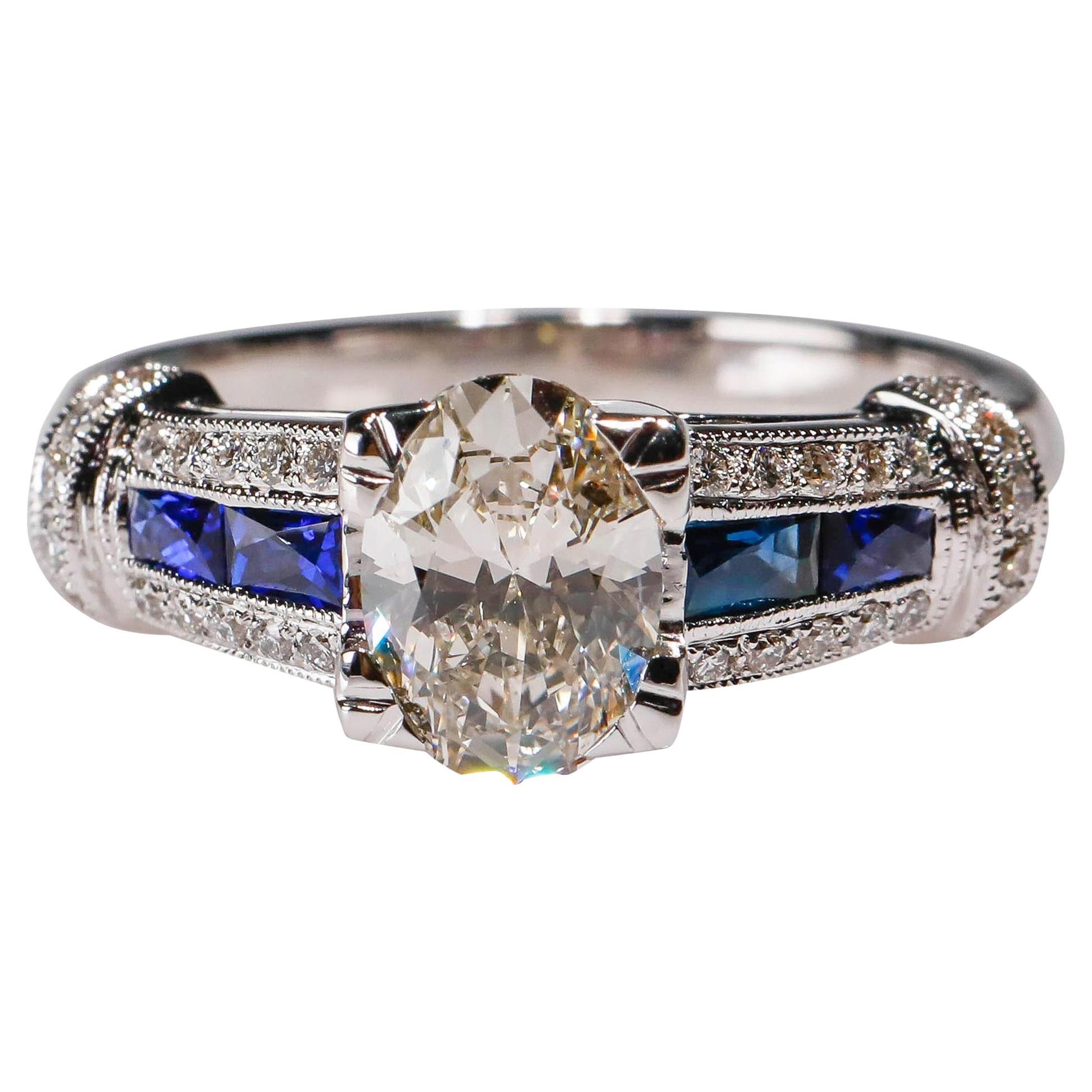 1,41 Karat Diamant 0,42ct Blauer Saphir 18 Karat Weißgold Feiner Ring Verlobung im Angebot