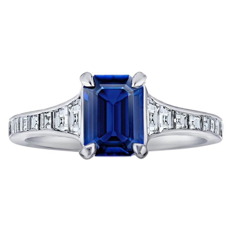 1.41 Carat Emerald Cut Blue Sapphire and Diamond Platinum Ring For Sale