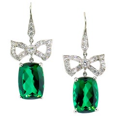 Dan Peligrad 14.1 Carat Green Tourmaline and Diamond Platinum Bow Earrings