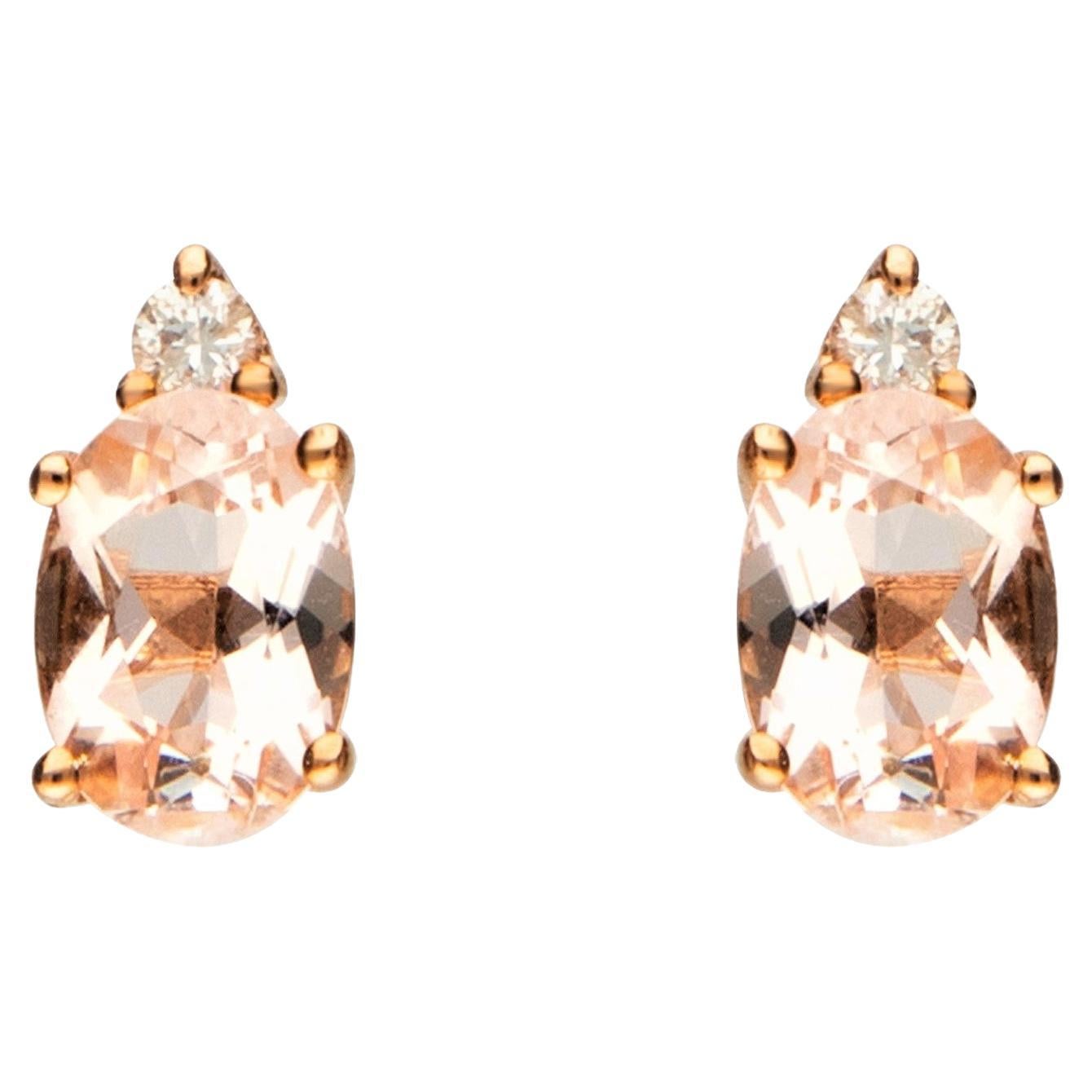 Boucle d'oreille en or rose 10 carats Morganite 1.41 carat, taille ovale et diamant