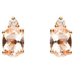 Vintage 1.41 Carat Morganite Oval Cut and Diamond 10K Rose Gold Stud Earring