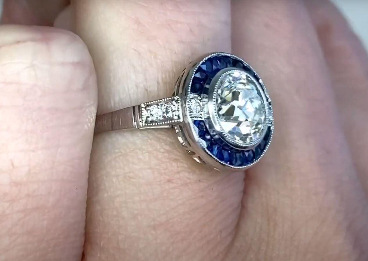 1.41 Carat Old Euro-Cut Diamond Engagement Ring, Vs1 Clarity, Sapphire Halo In Excellent Condition For Sale In New York, NY
