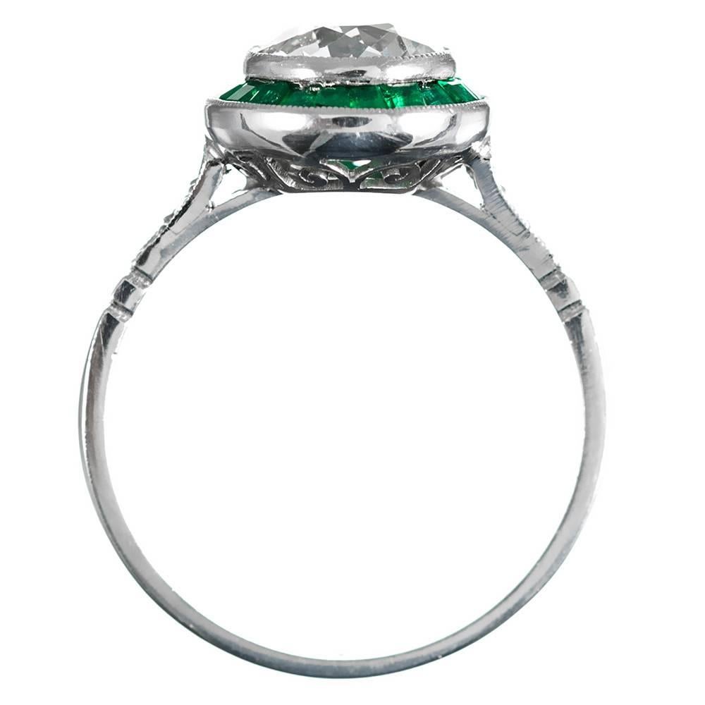 1.41 Carat Old European Cut Diamond Ring in Emerald Halo In Excellent Condition In Carmel-by-the-Sea, CA
