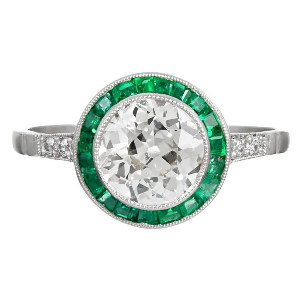 1.41 Carat Old European Cut Diamond Ring in Emerald Halo